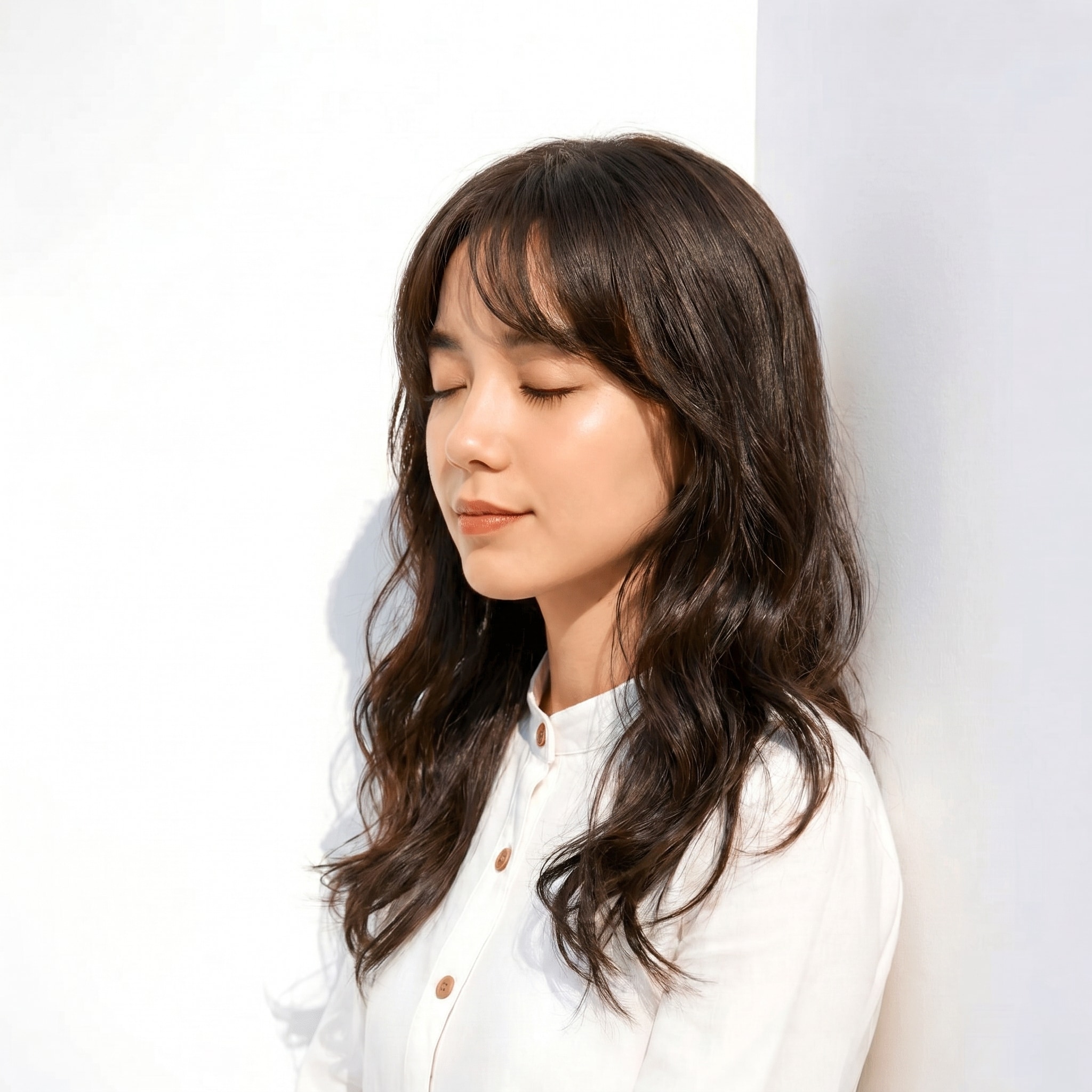 10. アッシュグレージュ×セミロング: ゆるいSカールで軽やかに動く