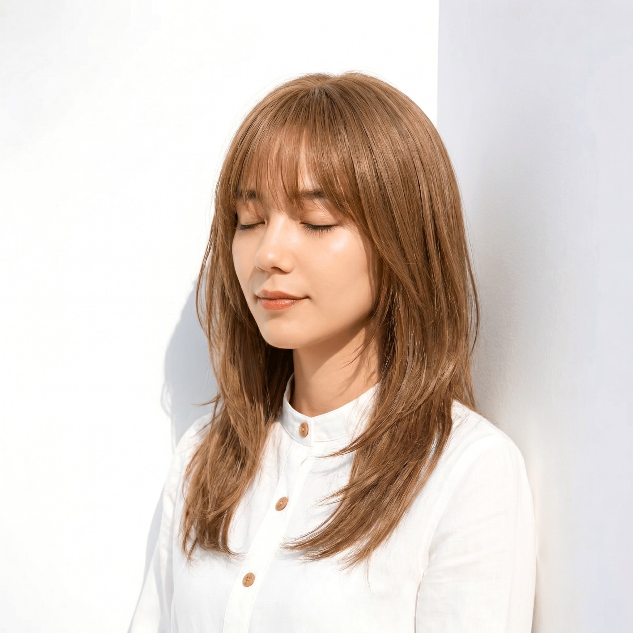 10. イエローブラウン×くびれミディアム: ハニー系ブラウンで毛先の揺れを自然に引き立てる