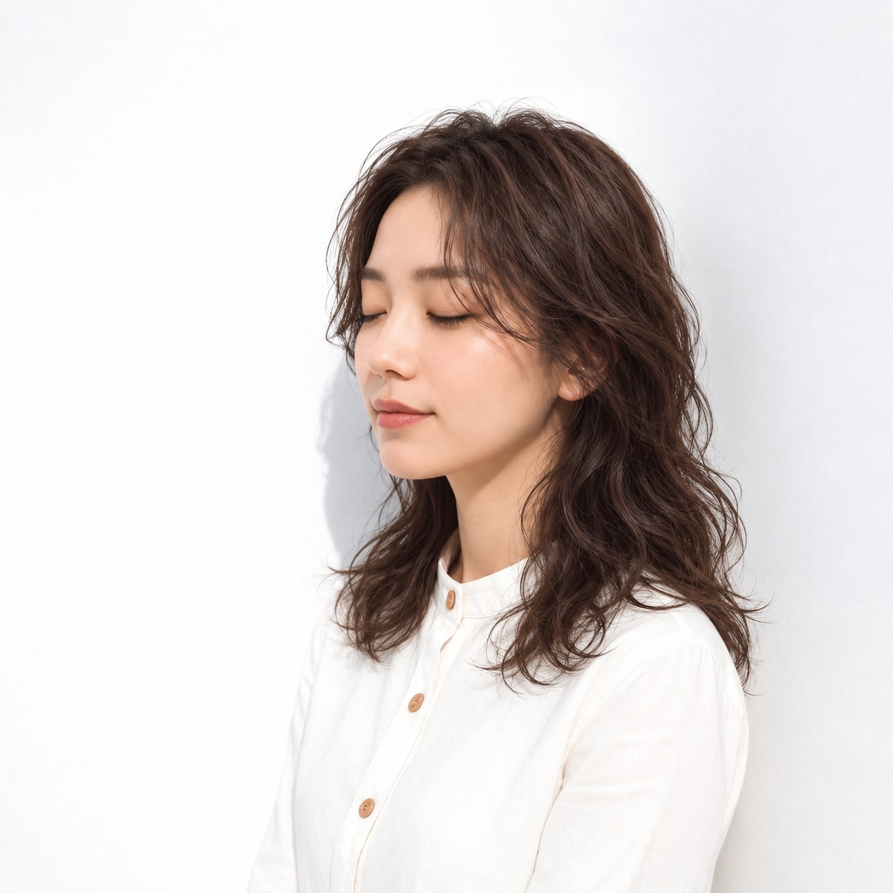 4. ウェーブパーマ × セミロング × ダークブラウン：センター分けから続く曲線が頬を包む