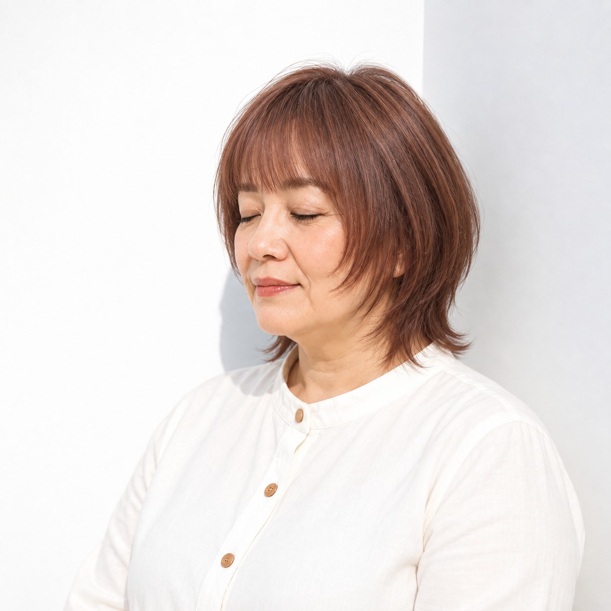 上の丸みと軽く外へ向く襟足が特徴のウルフカット