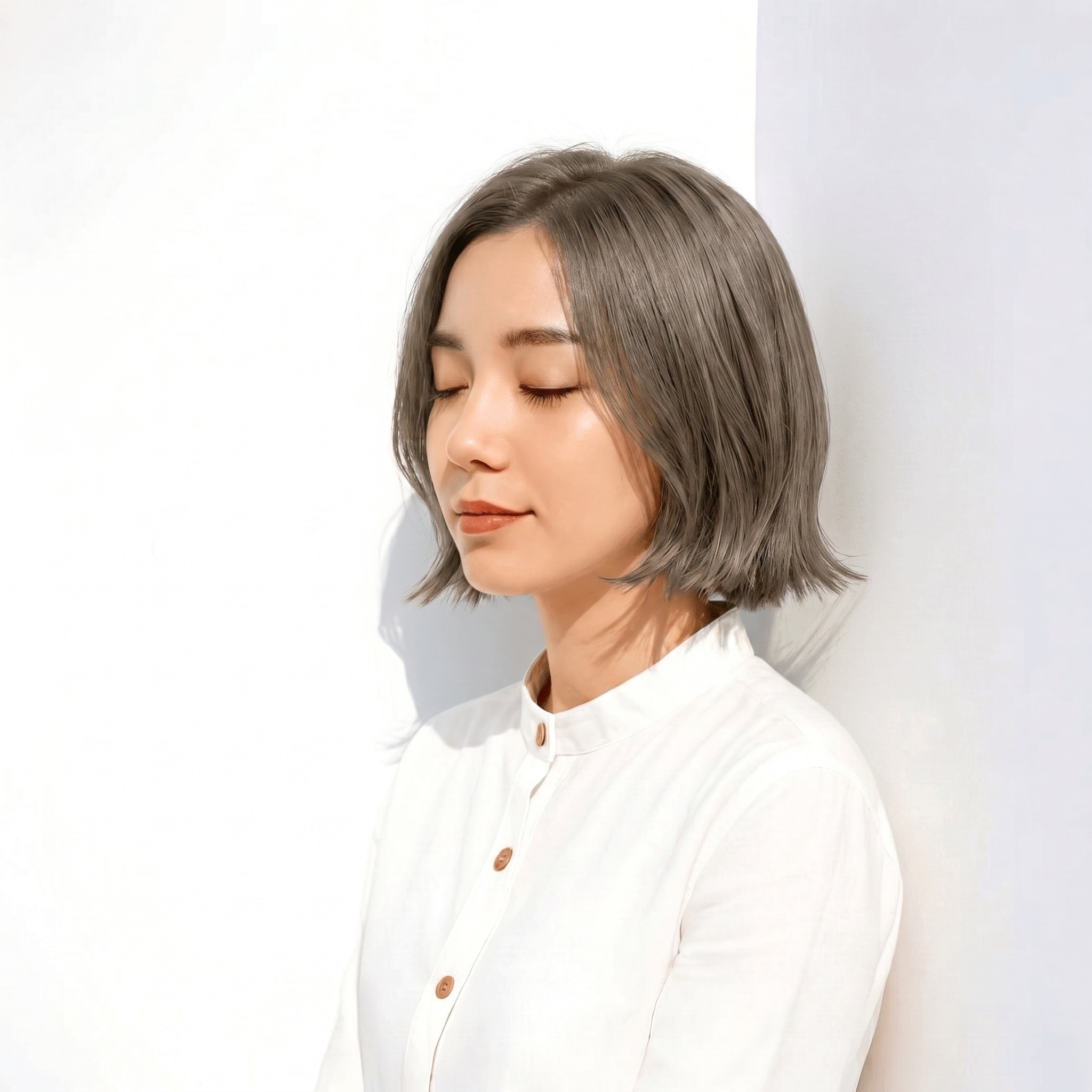 10. オリーブアッシュ×外ハネボブ: 柔らかな陰影で軽やかな印象に