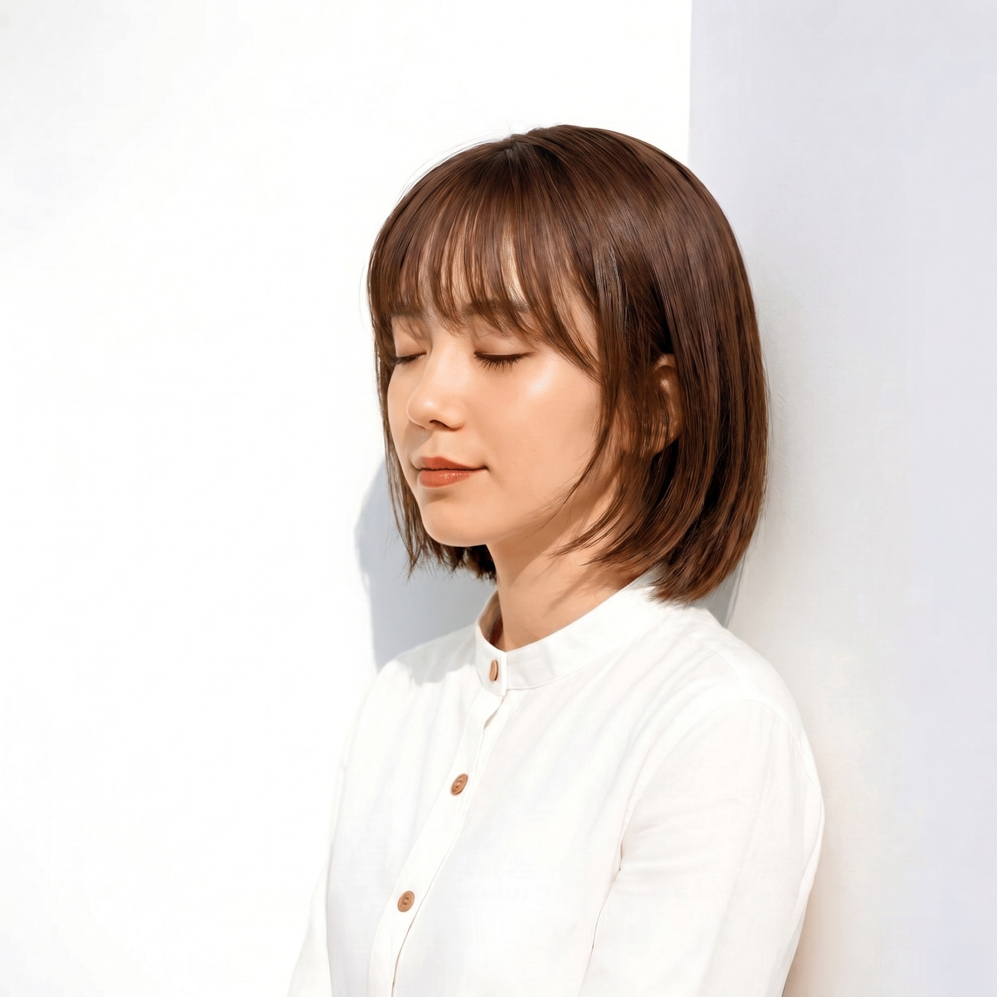10. オリーブブラウン×前下がりボブ: 赤みを抑えたツヤが上品な印象に