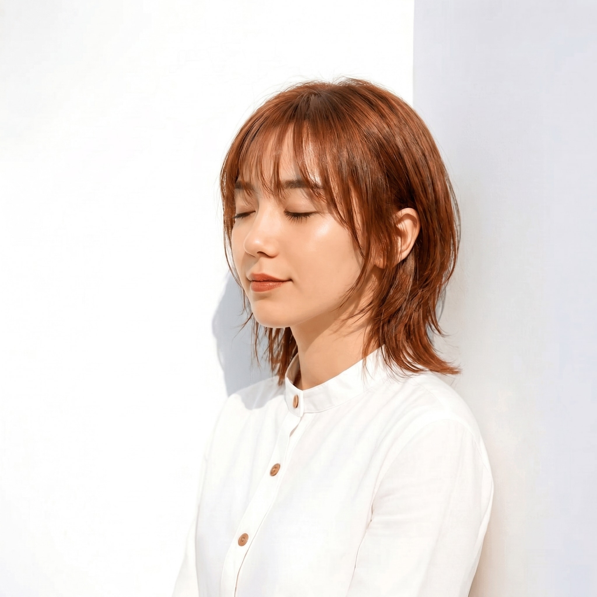 10. カッパーブラウン×透明感カラー×ミディアムヘア: 色の深みが引き立ち、派手すぎない個性を楽しめる