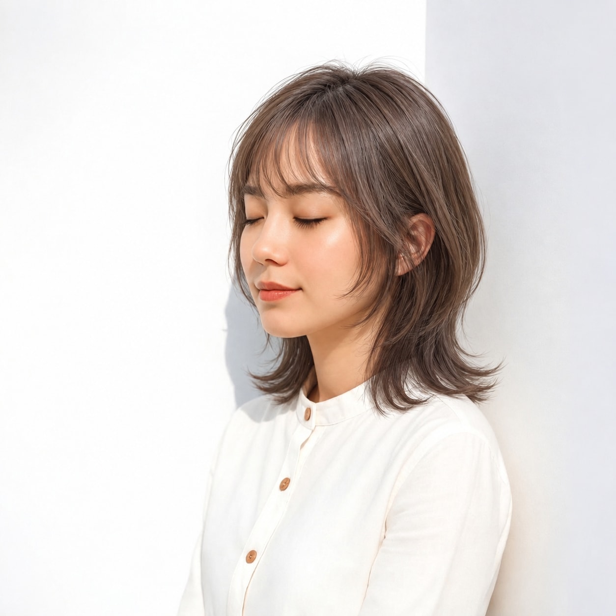 10. クラゲウルフ × ミディアム × 首に沿う細いえり足：下のボリュームを抑え、レイヤーの軽快さが際立ちます