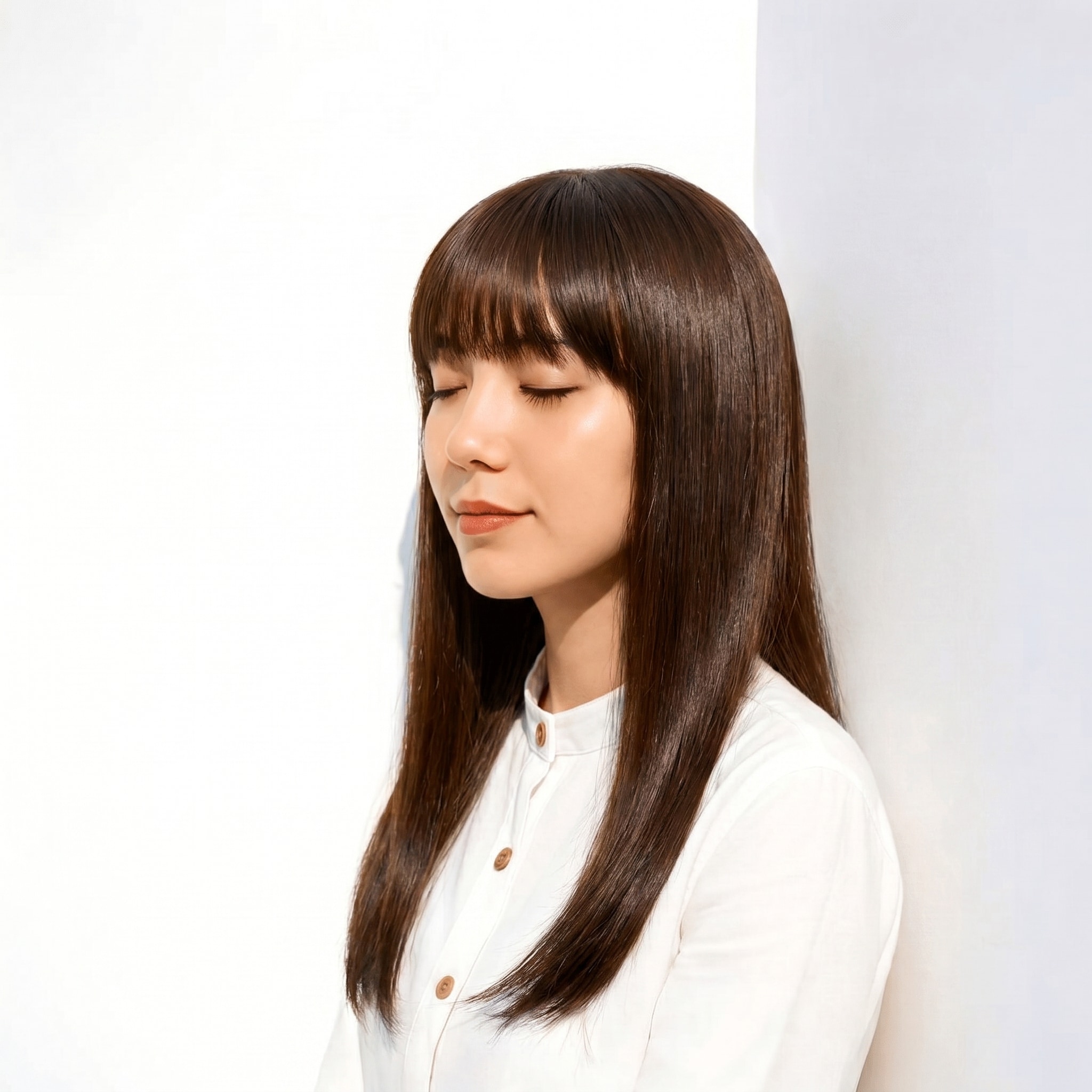 10. ショコラブラウン×ストレートバング: 暗めの暖色で柔らかさと落ち着きを両立