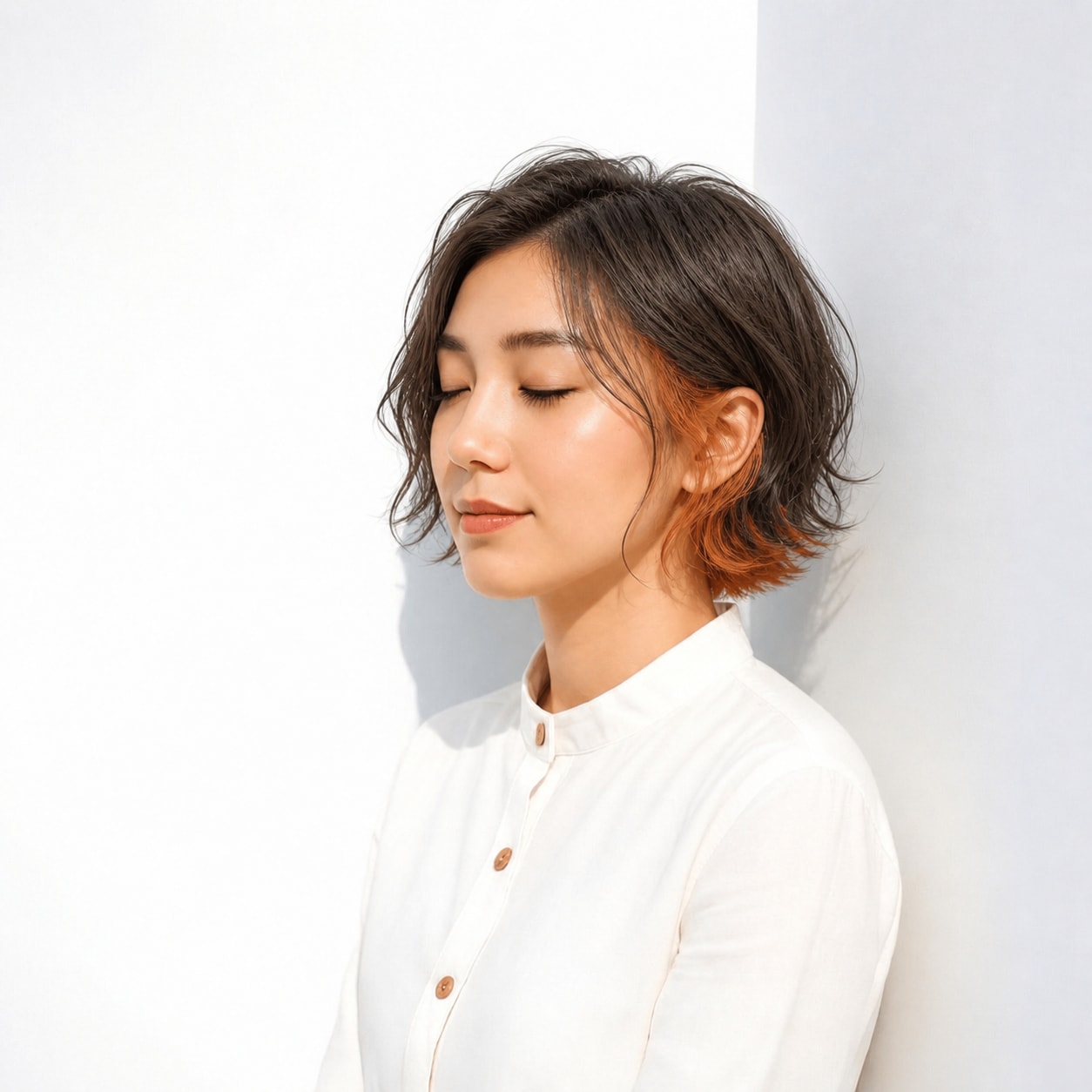 10. ショート × オレンジのインナーカラー：温かみのある横顔に