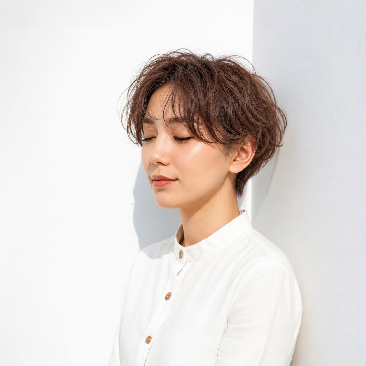 10. ショートパーマ × ローズブラウン：顔まわりのカールでショートに華やかさが出る