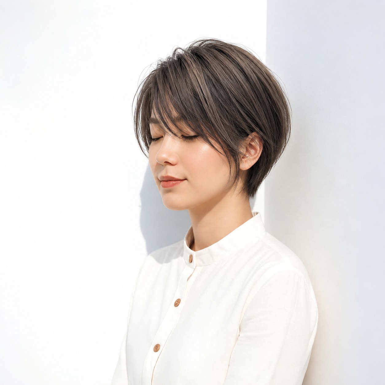 7. ショートボブ × アッシュブラウン：長い前髪がかっこいい表情を引き出す