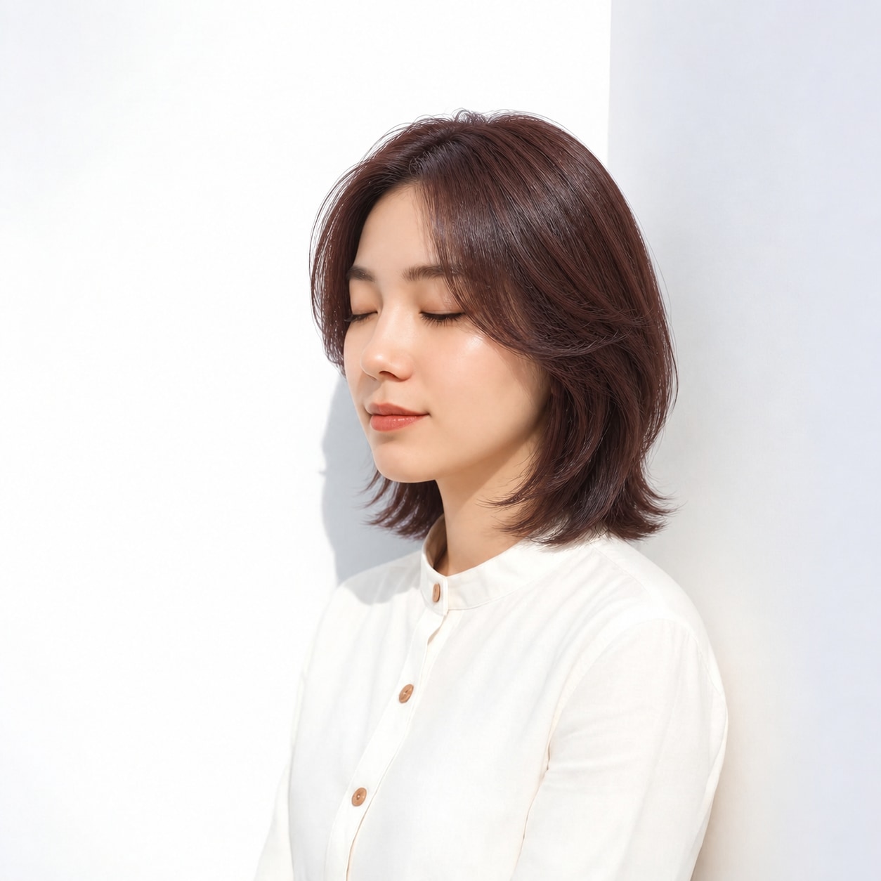 10. ショートレイヤー × 長め × ニュアンスパーマ：暗めの髪でも面が沈まず、軽いニュアンスが生まれます