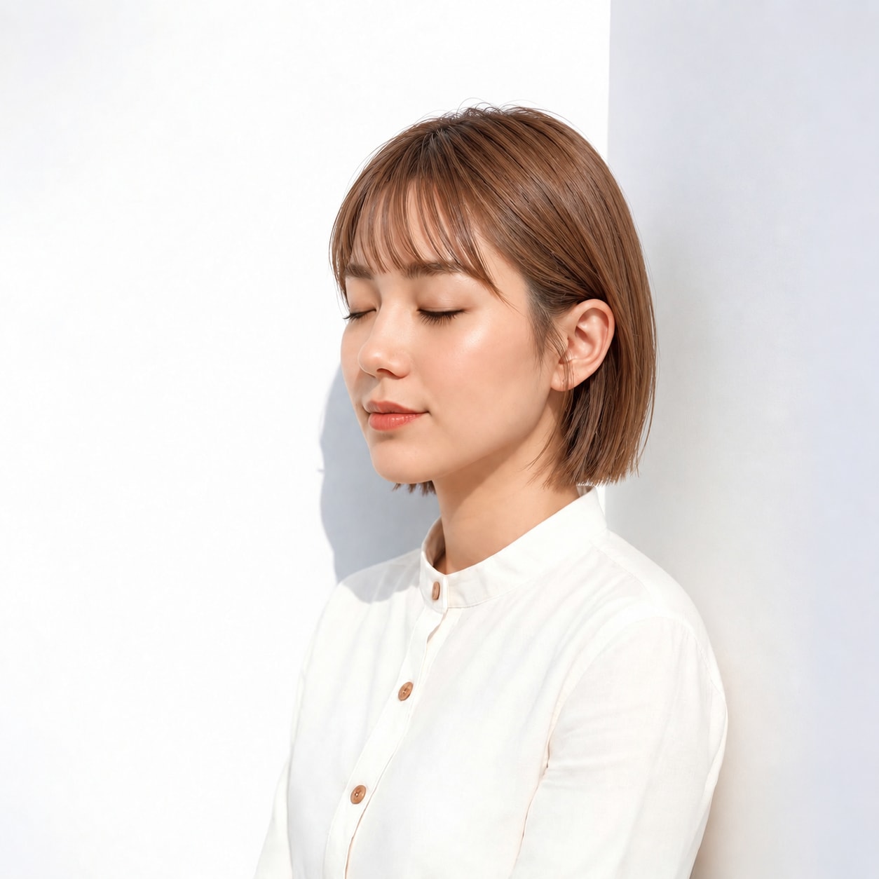 10. ストレートボブ × キャメルブラウン：耳かけで端正な輪郭を楽しむ