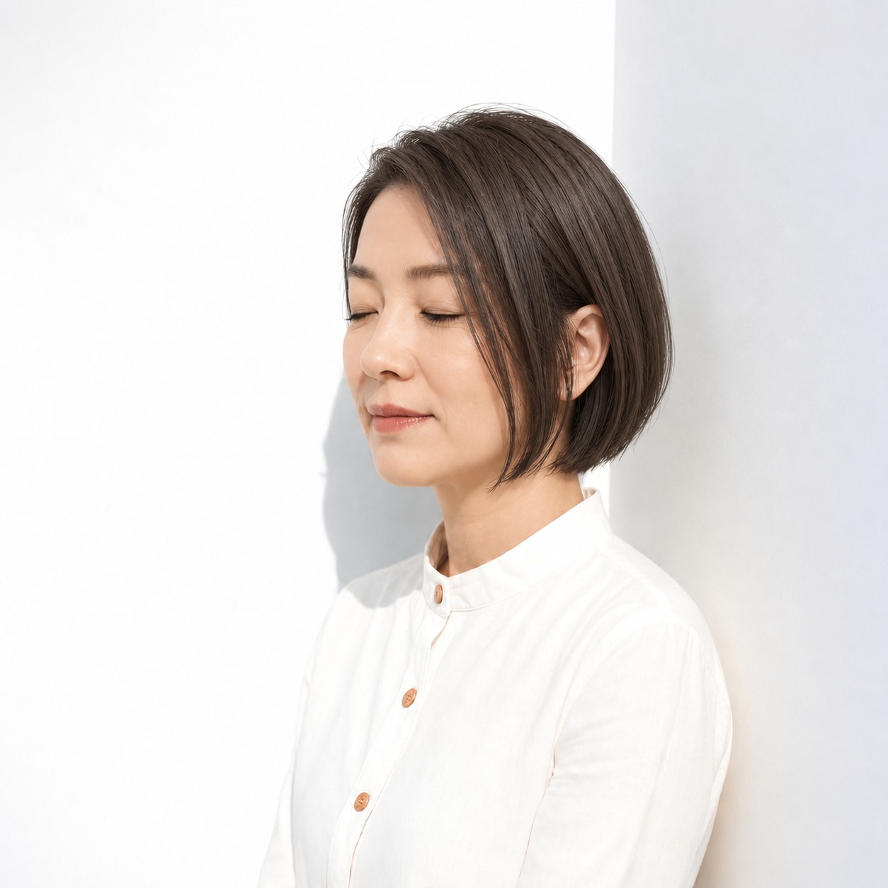 4. ストレートボブ × ダークブラウン：そろった毛先となめらかな面が端正に映える