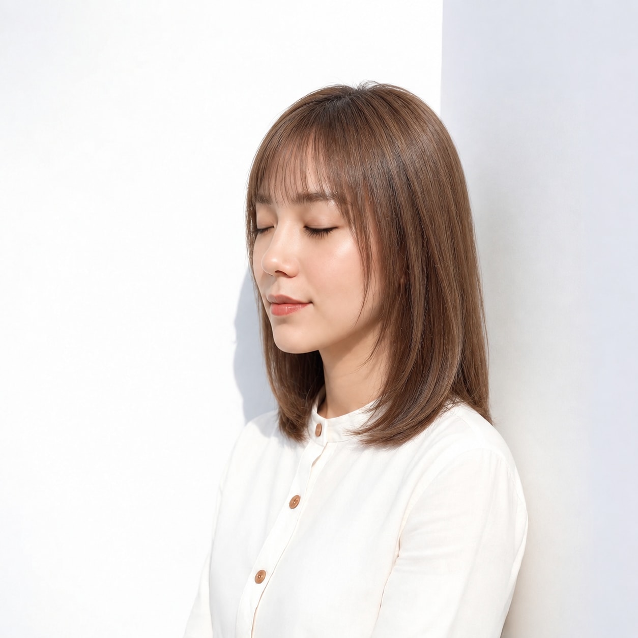 6. ストレートミディアム × ベージュブラウン：軽い前髪ならストレートも重く見えにくい