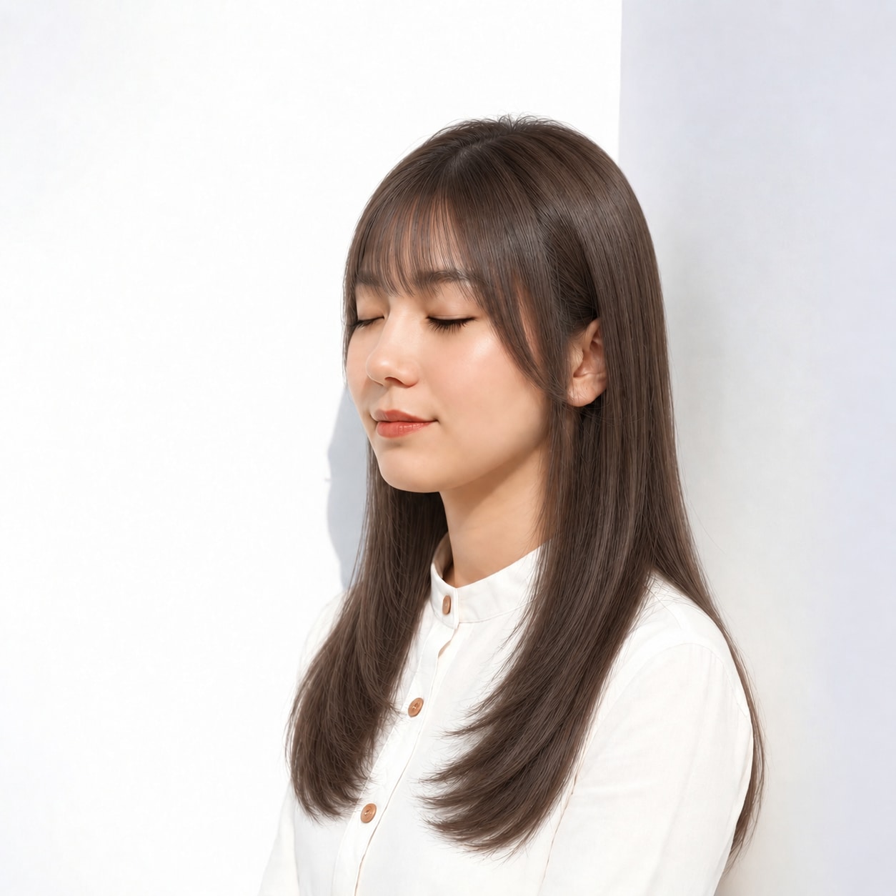 10. ストレートロング × チョコブラウン：前髪にすき間を残して端正に