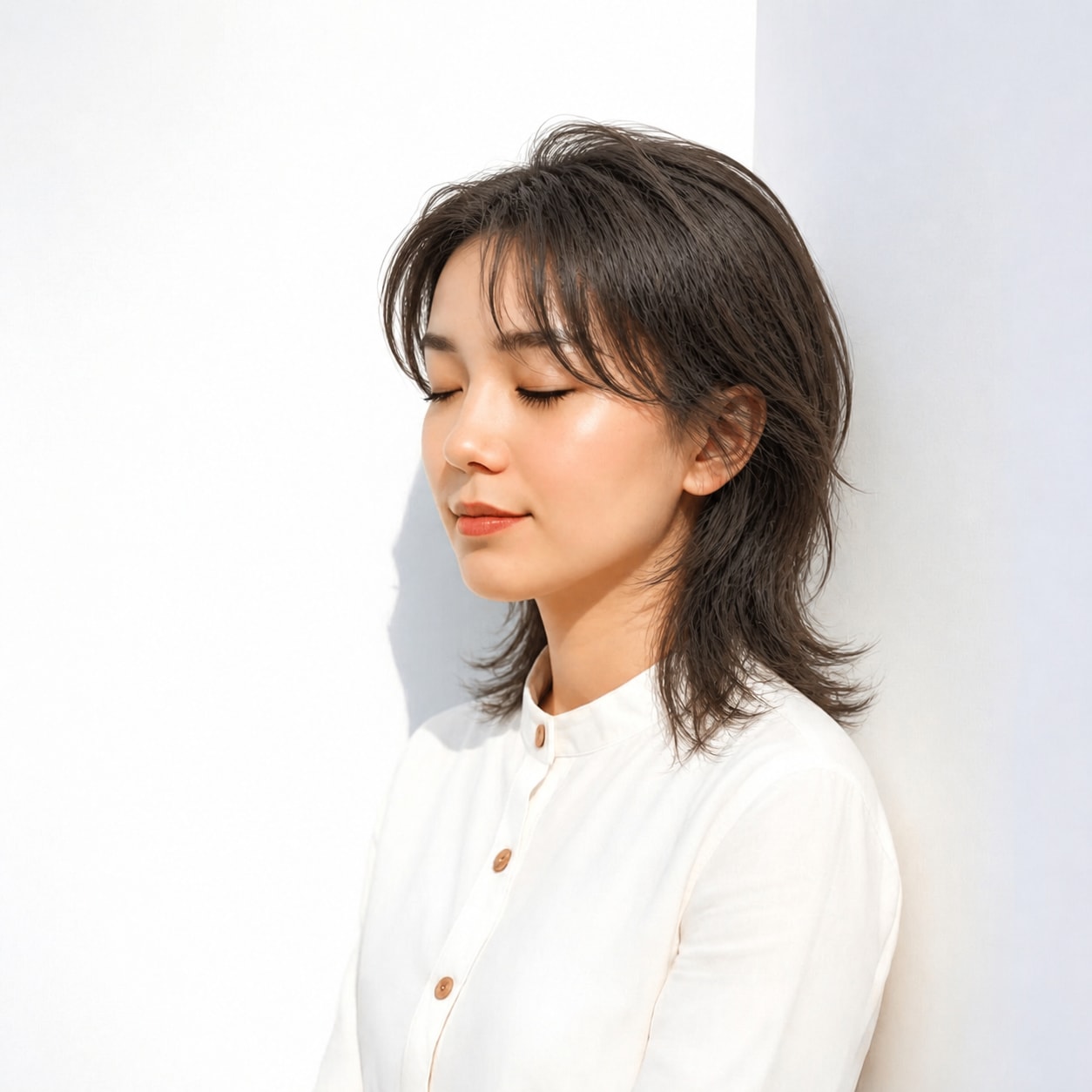 10. セミロングウルフ × 長め前髪：大人っぽく見せる