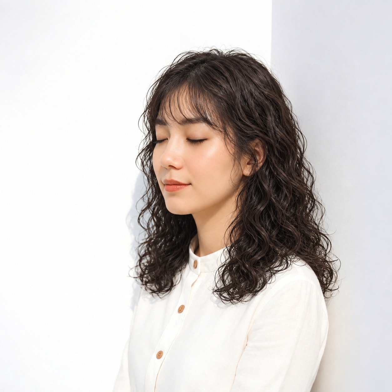 10. セミロングパーマ × 強め × 丸みカール：顔まわりに厚みが加わり、ボブの輪郭がやわらかく見えます