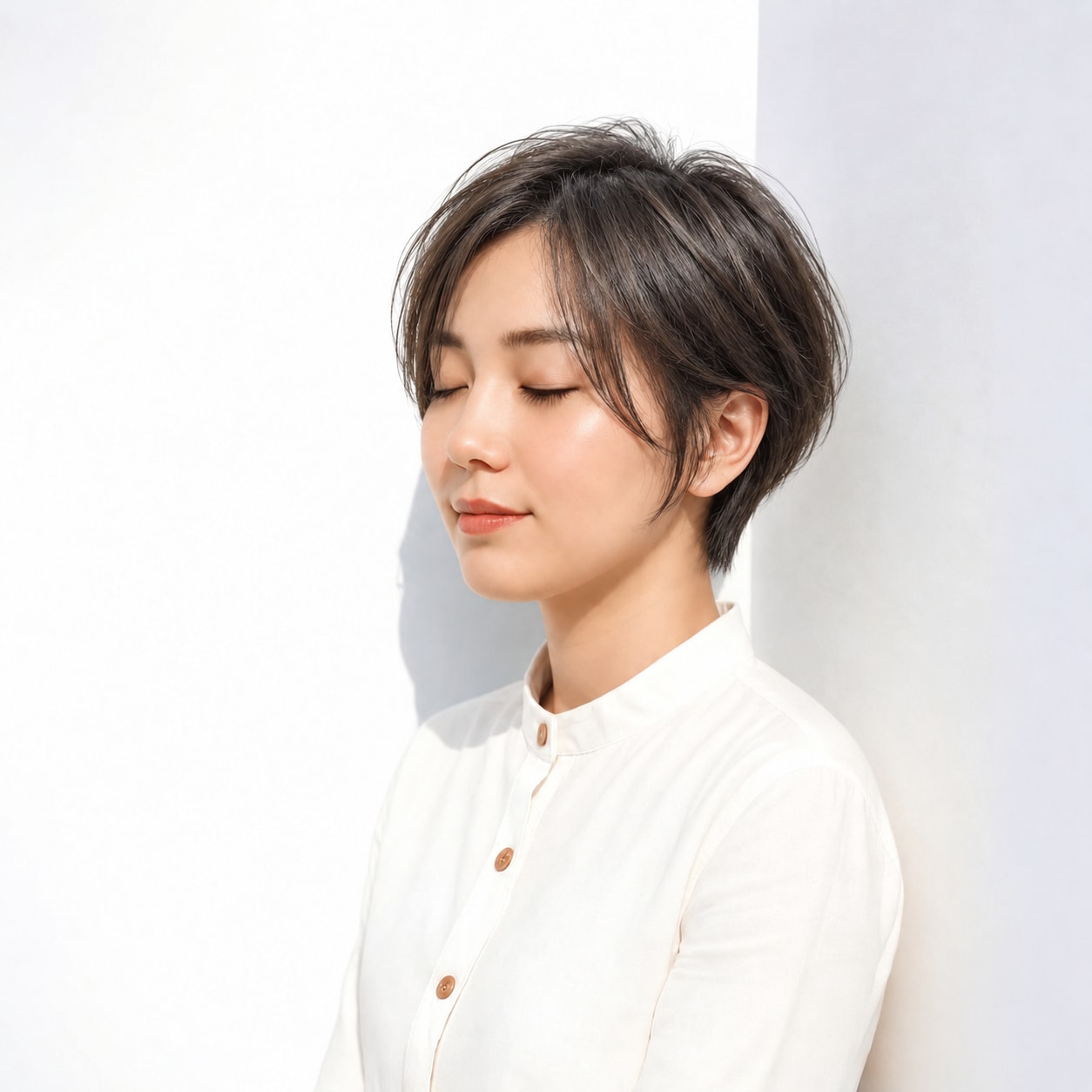 10. センターパートショート × ダークブラウン：額を見せて大人らしく