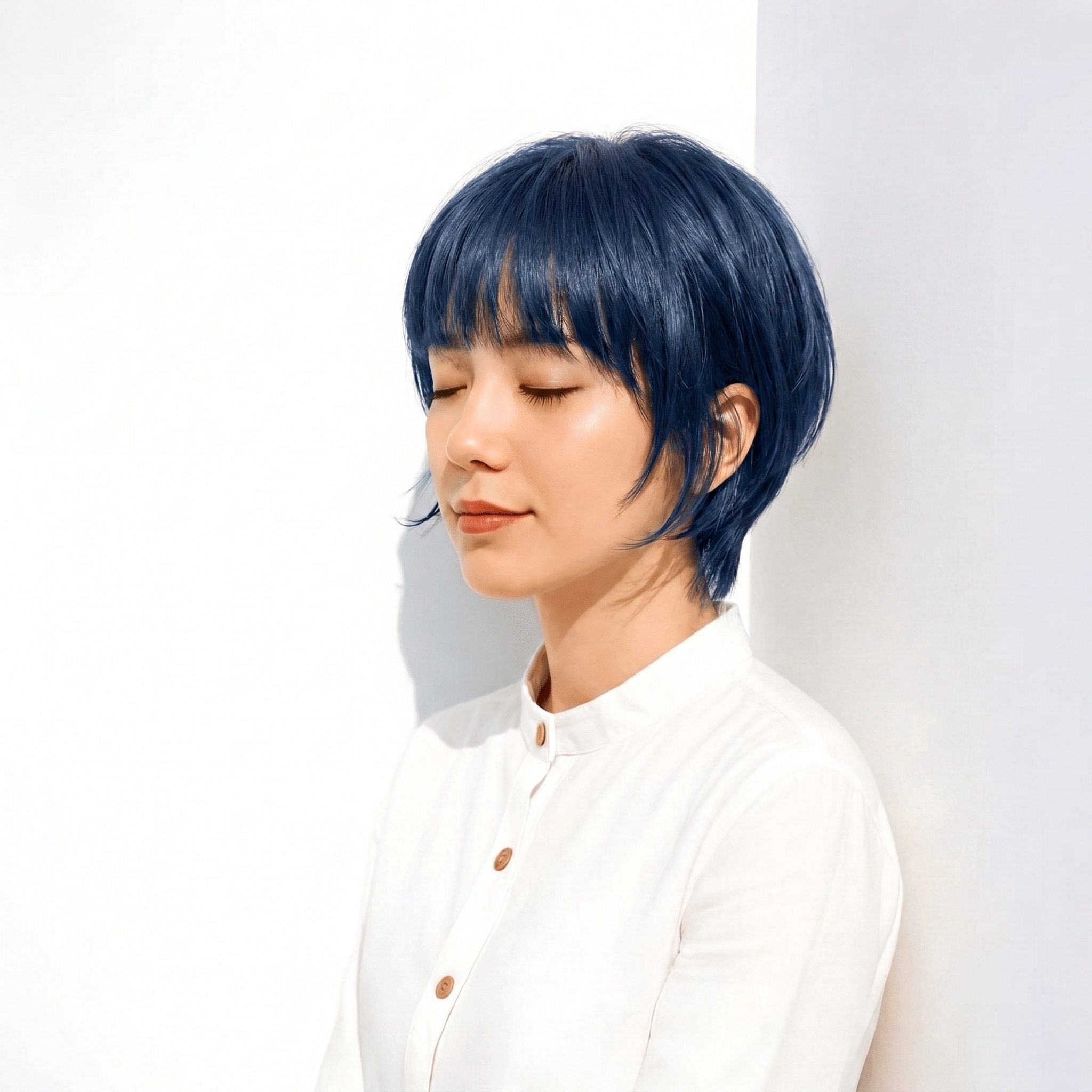 10. ネイビーアッシュ×束感スタイリング×ショート: 後頭部の丸みで横顔まできれいに見せる