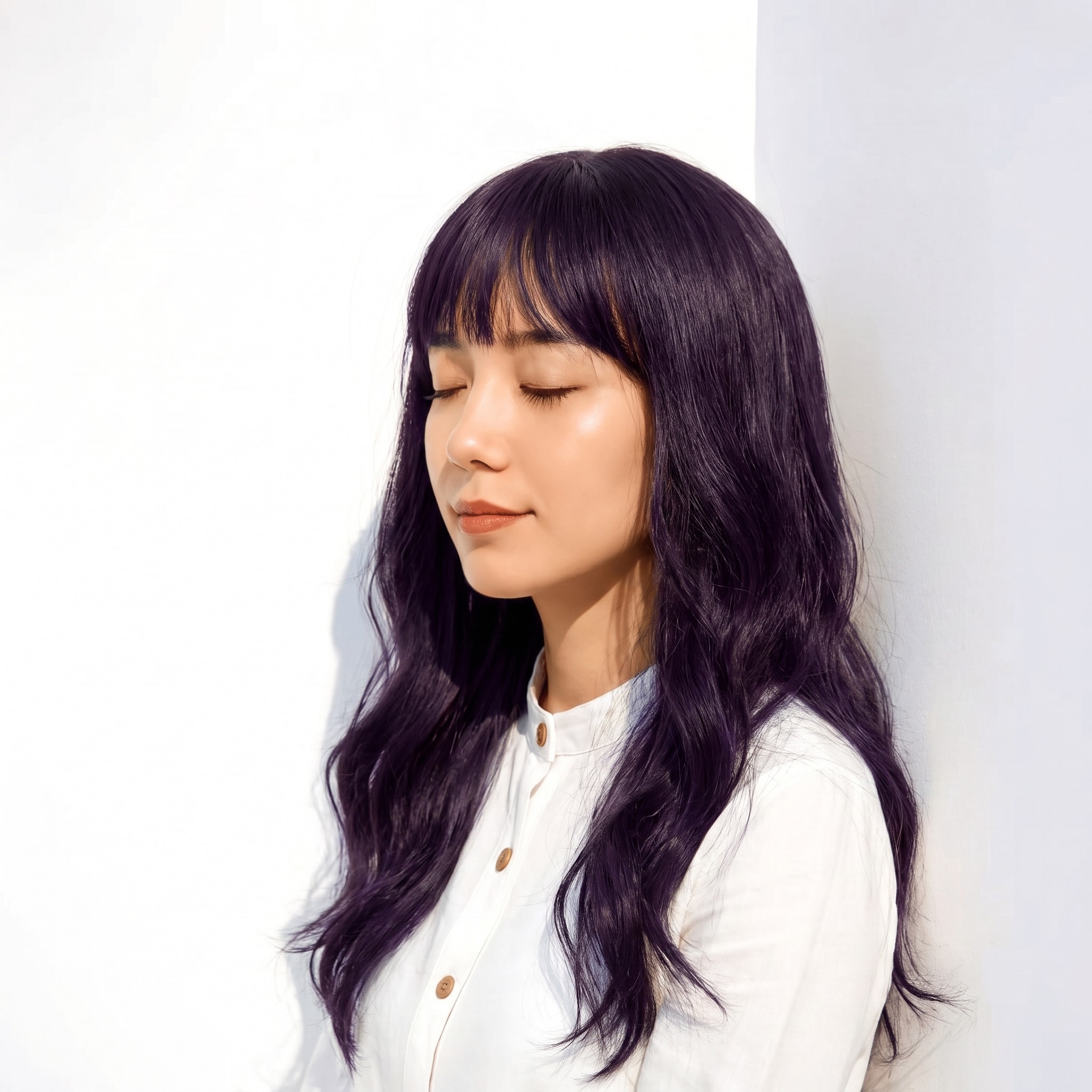 10. パープルブラック×ウェーブロング: 深い青紫でロングに重さと華やかさが出る
