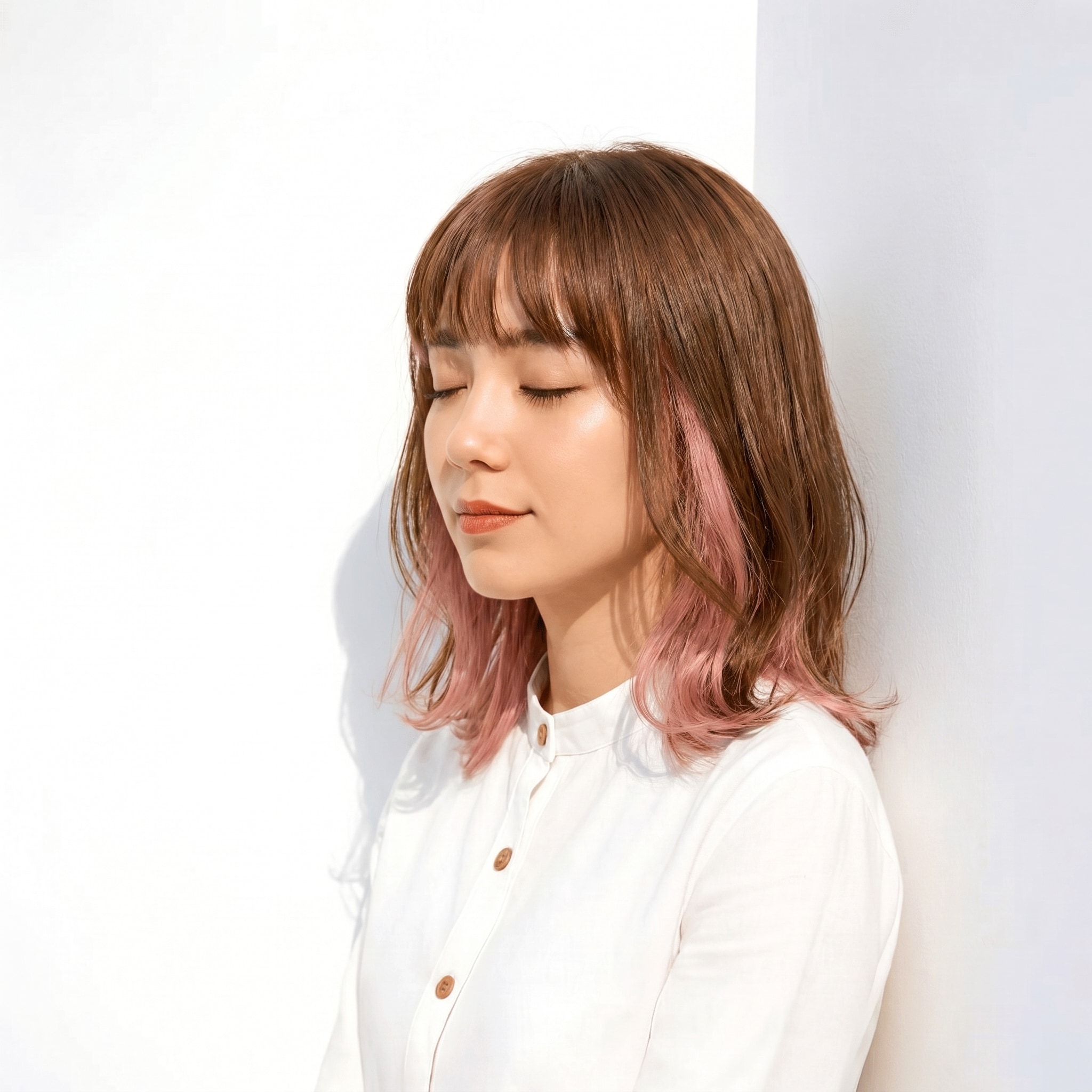 10. ピンクインナーカラー×ミルクティーベージュ: 柔らかな立体感を演出する春のミディアムスタイル
