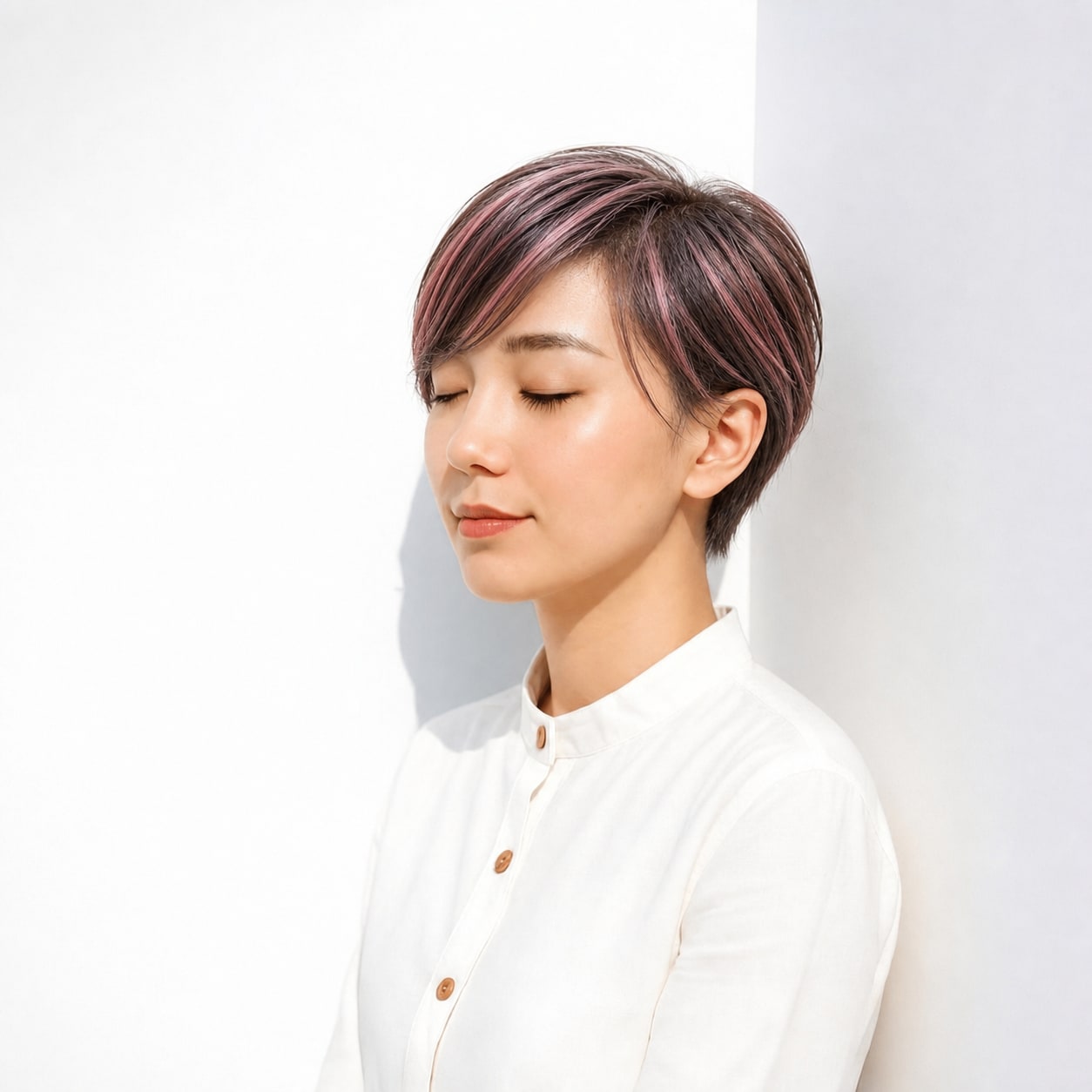 10. ピンクハイライト×ショート: 前髪からトップへの紫みピンクで毛流れが引き立つ