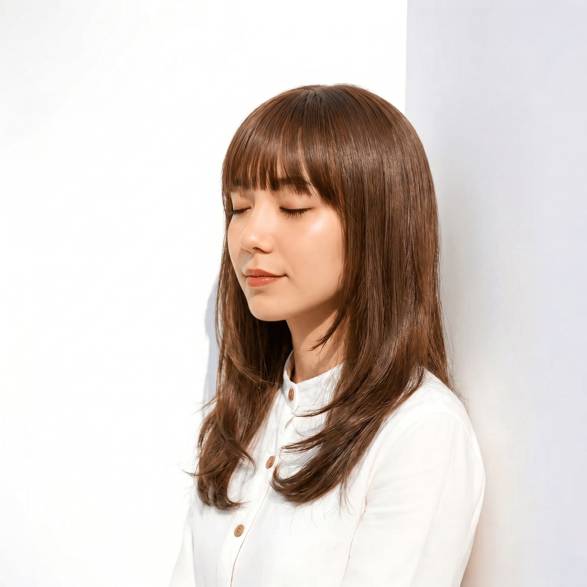 10. ブリーチなしピンク×ミディアムストレート: 厚めバングで柔らかさを演出するワンカラー
