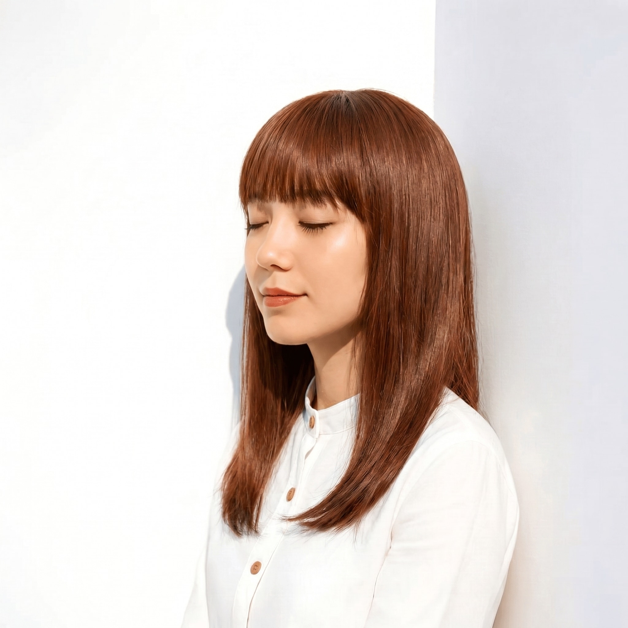 10. ブリーチなしピンクベージュ×ストレート：重めの髪に上品なツヤをプラス