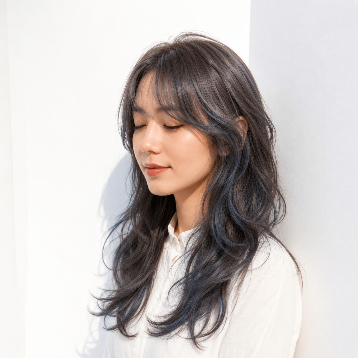10. ブルーブラウン×ロングレイヤー: ゆるいSカールで動きが出るスタイル