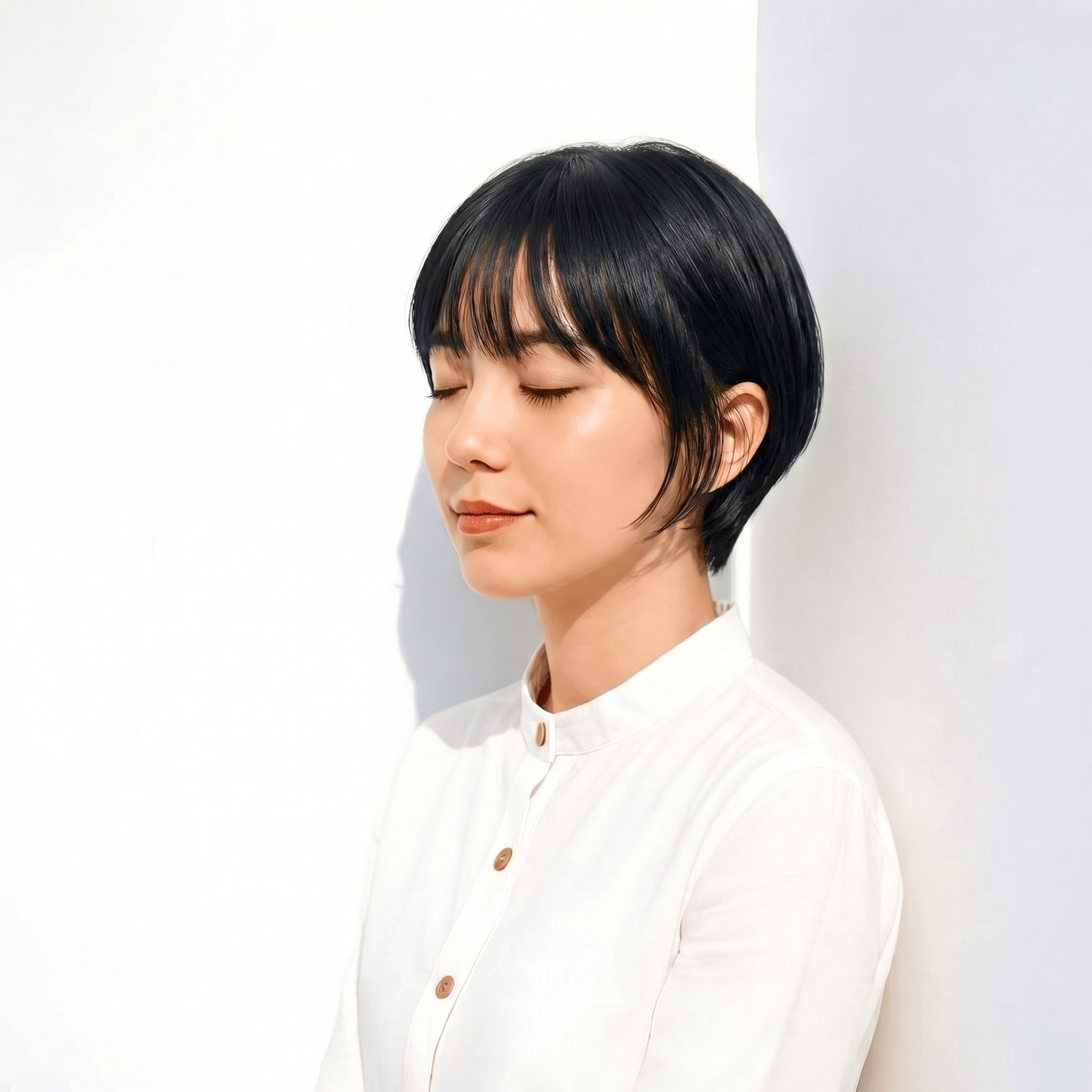 10. ブルーブラック×タイトショート: 丸みを活かし軽やかに引き締める