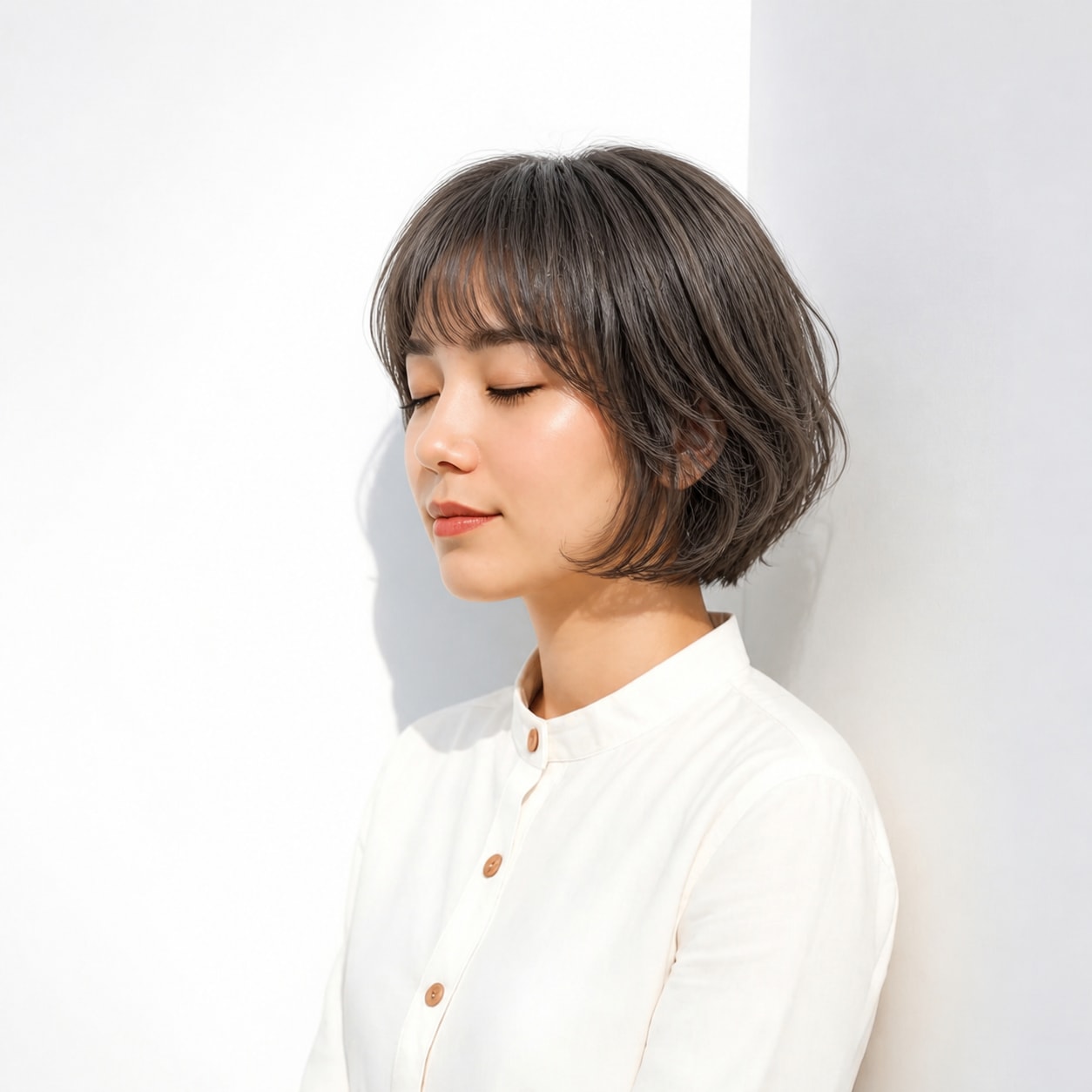 10. ボブパーマ × 前髪あり × アッシュグレー：丸みを上品に見せる