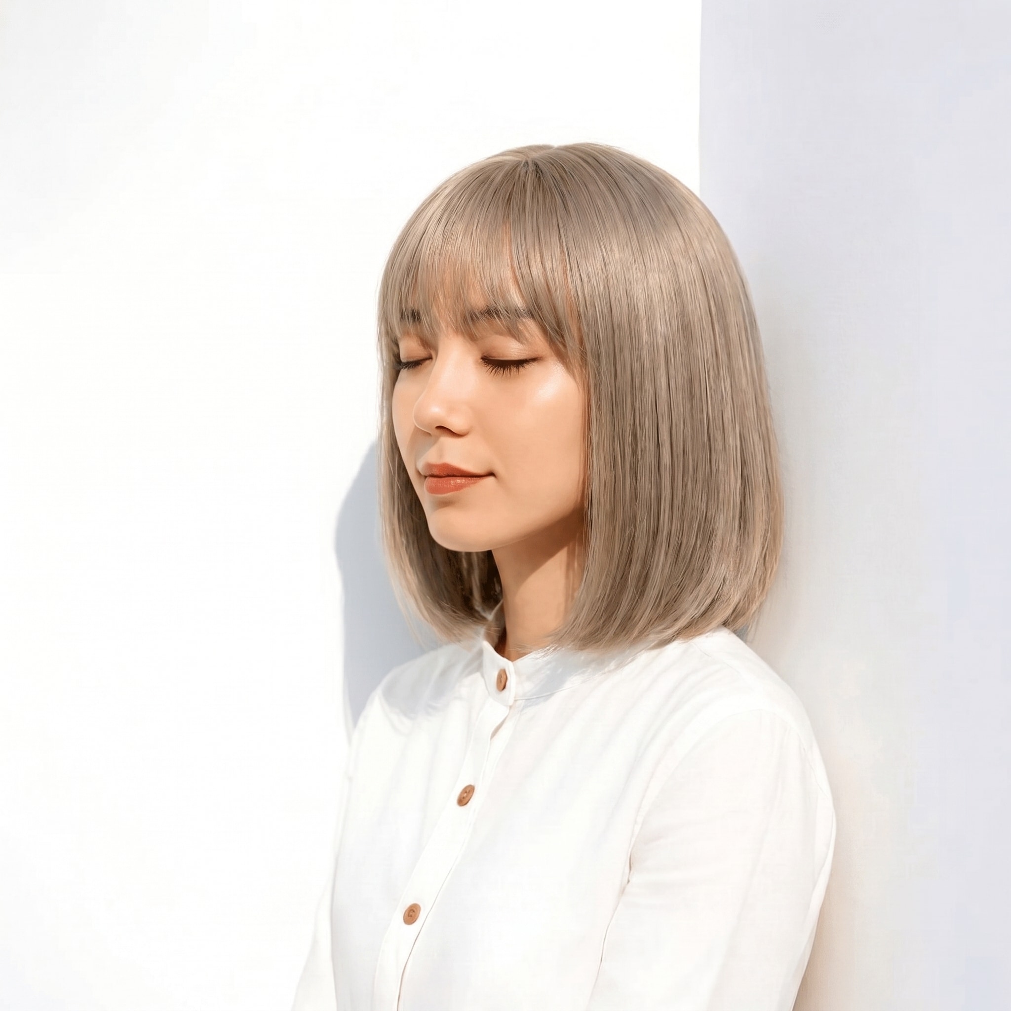 10. ホワイトグレージュ×ストレートボブ: 顎ラインの丸みとツヤでクリーンな印象に
