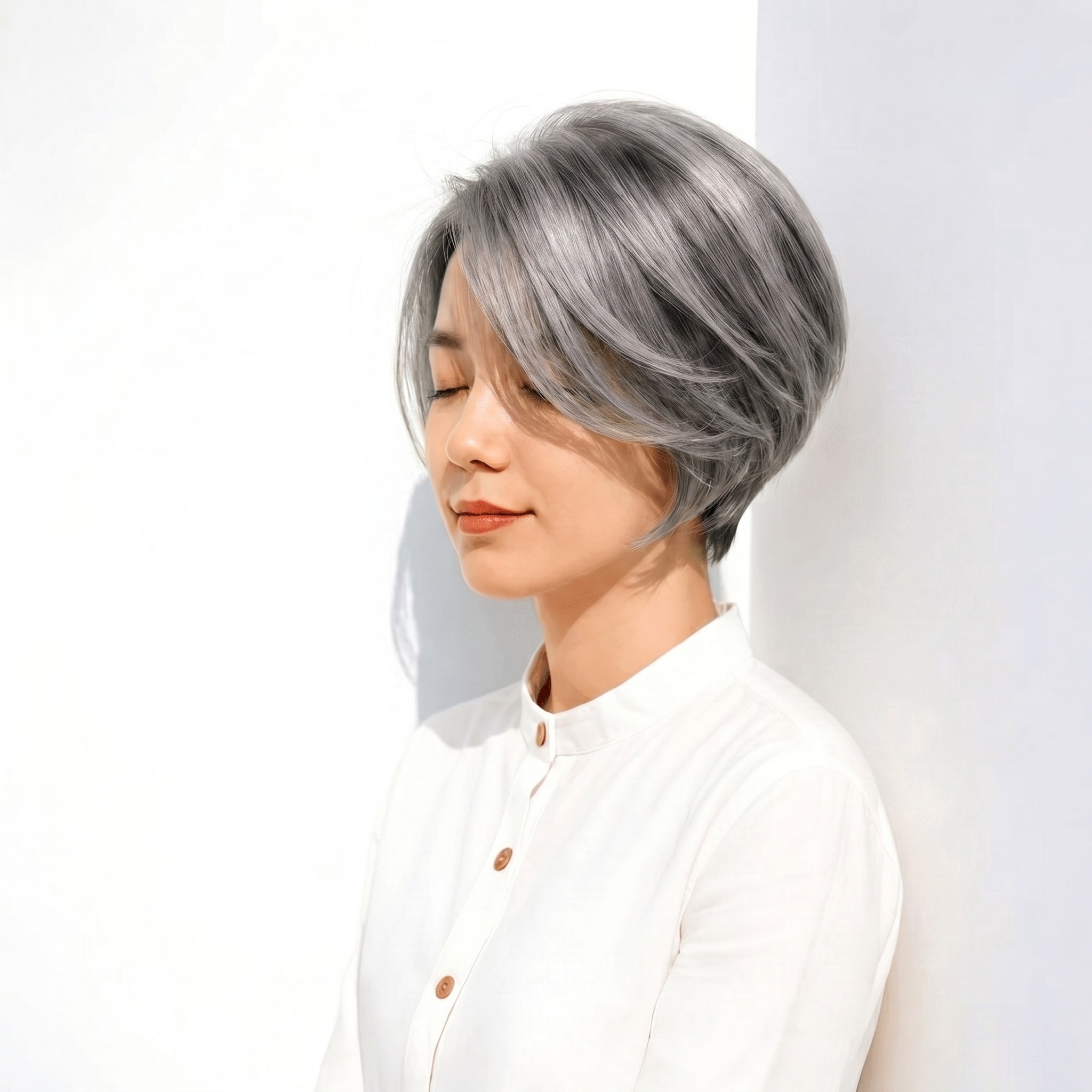 10. ホワイトシルバー×レイヤーショートボブ: 顔まわりを明るく見せて、動くたび立体感をプラス