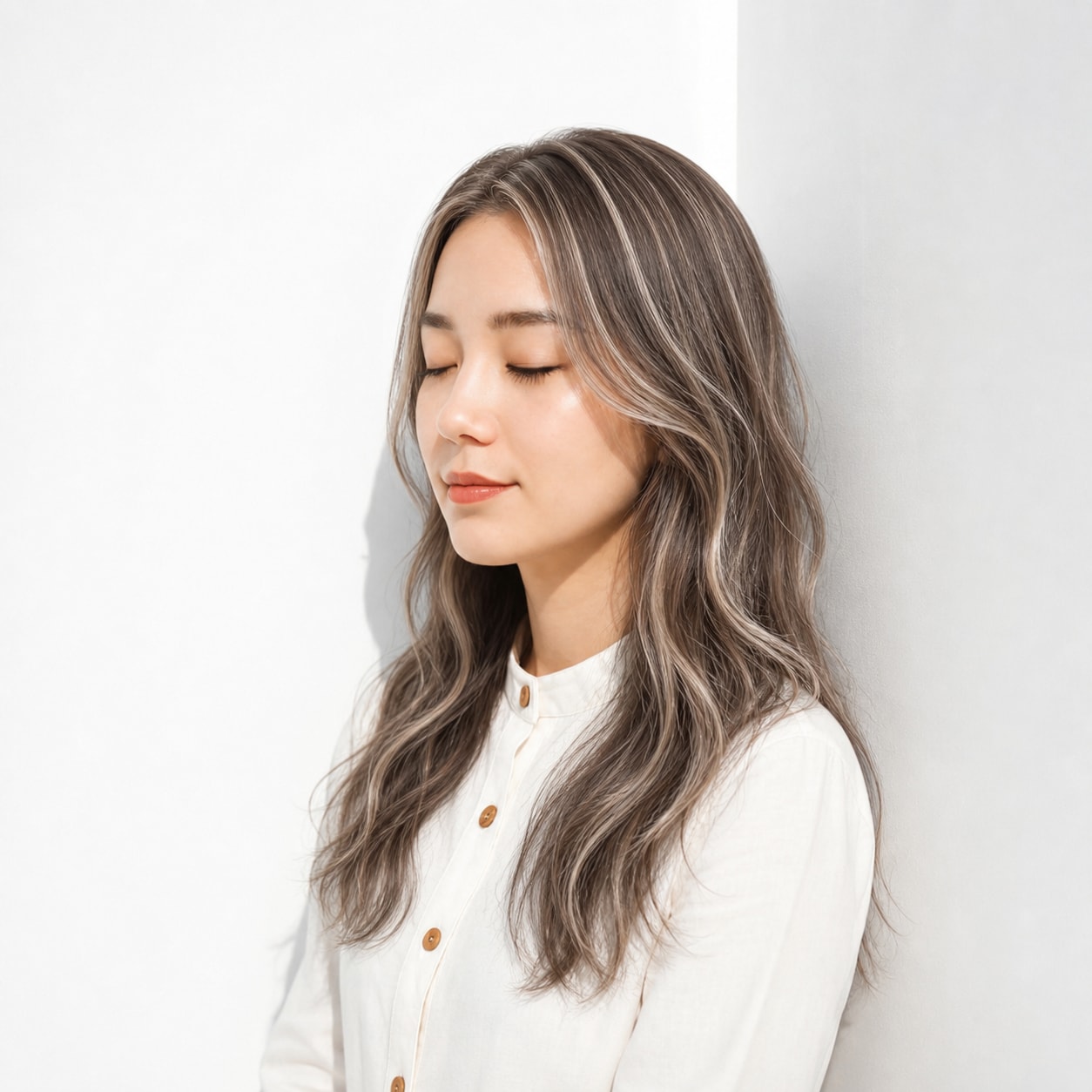 10. ホワイトメッシュ×ウェーブミディアム: 強いコントラストで暗めヘアに個性が出る