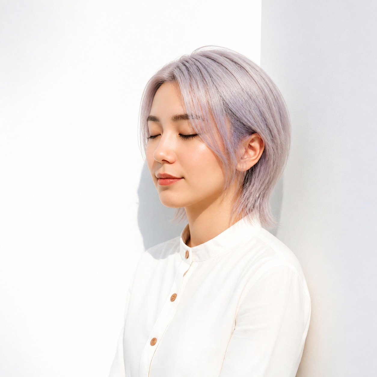 10. ホワイトラベンダー × かき上げショート：甘さを抑えてクールに