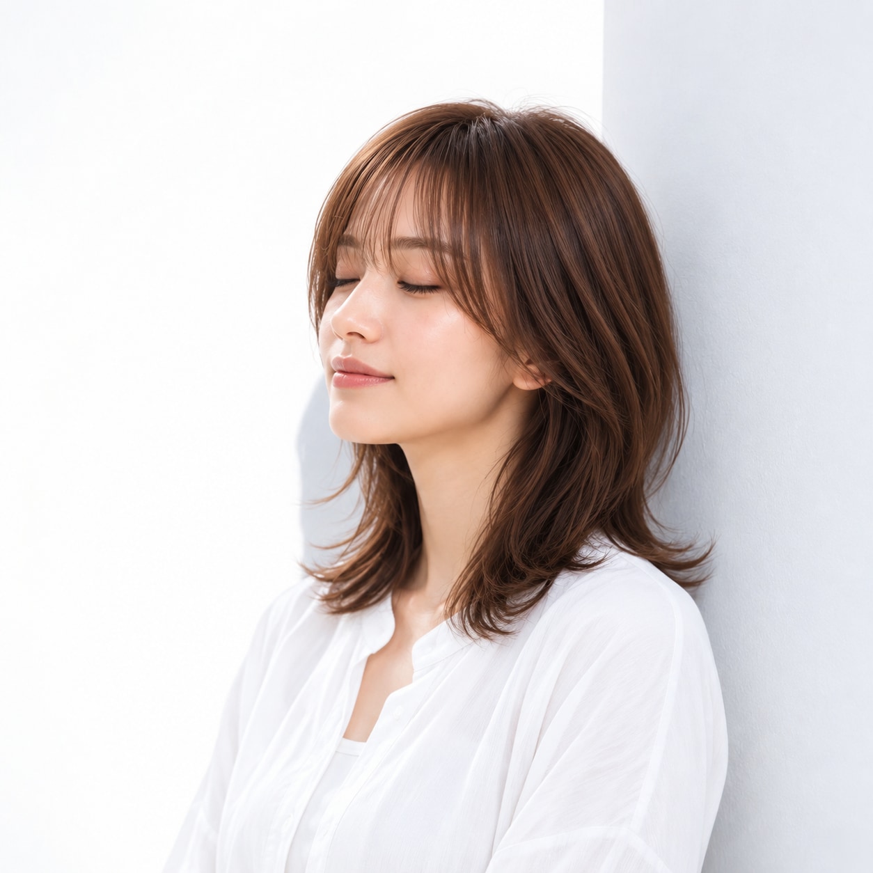 10. ミディアムレイヤー × 前髪あり × 耳かけ：サイドに髪がたまらず、正面も横顔もすっきり見えます
