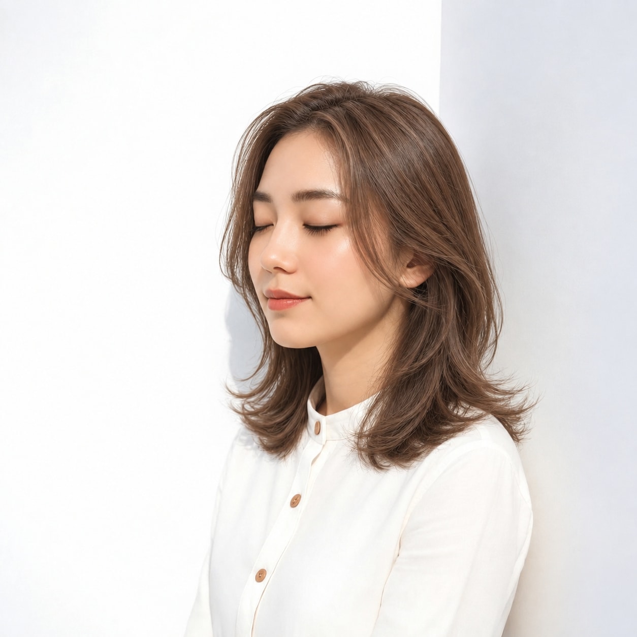 10. ミディアムレイヤー × 前髪なし × 丸みシルエット：頭頂部が平たく見えず、毛先まで自然な高低差がつきます