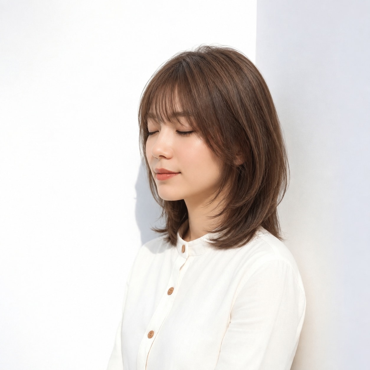 10. ミディアムヘア × 耳かけ：サイドに髪がたまらず、正面も横顔もすっきり見えます