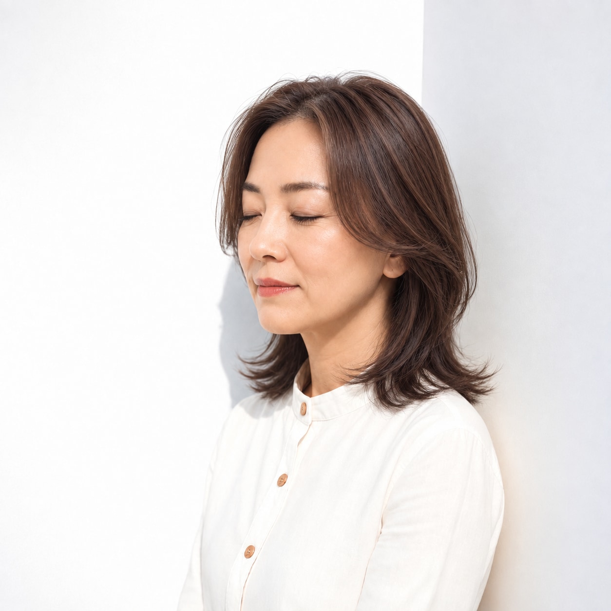 10. ミディアムレイヤー × 前髪なし × 丸みシルエット：頭頂部が平たく見えず、毛先まで自然な高低差がつきます