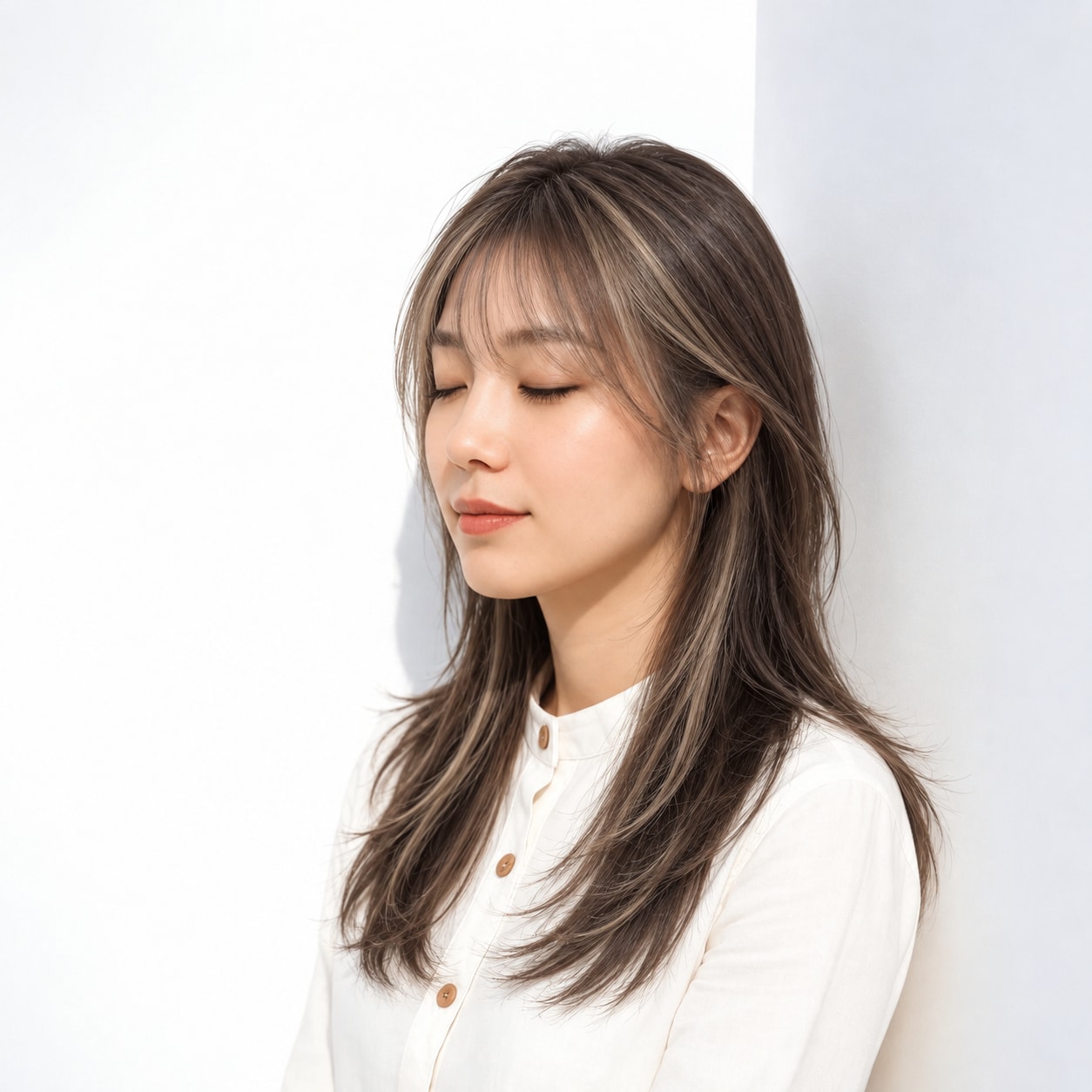 10. ロングレイヤー × 前髪あり × 丸みシルエット：頭頂部が平たく見えず、毛先まで自然な高低差がつきます
