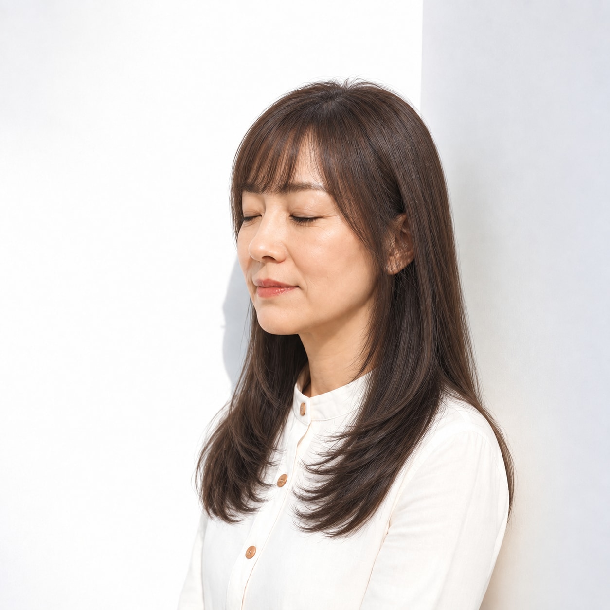 10. ロングレイヤー × 前髪あり × 丸みを残した毛先