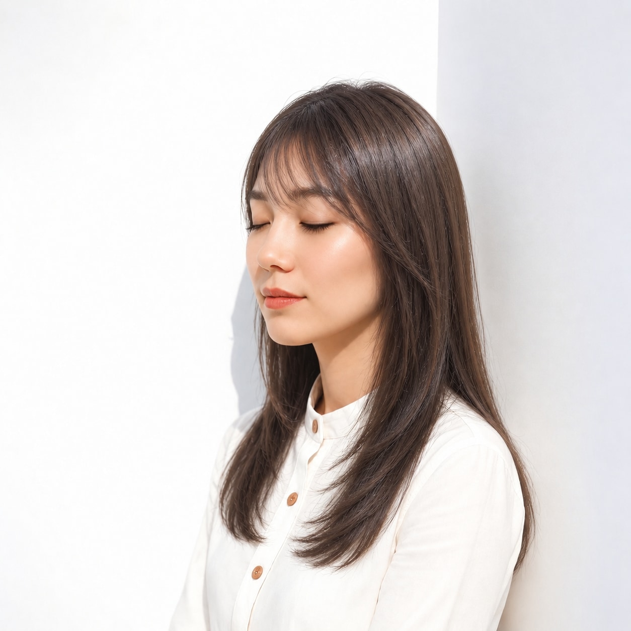 内巻きロング × シースルーバング：品のある柔らかさ