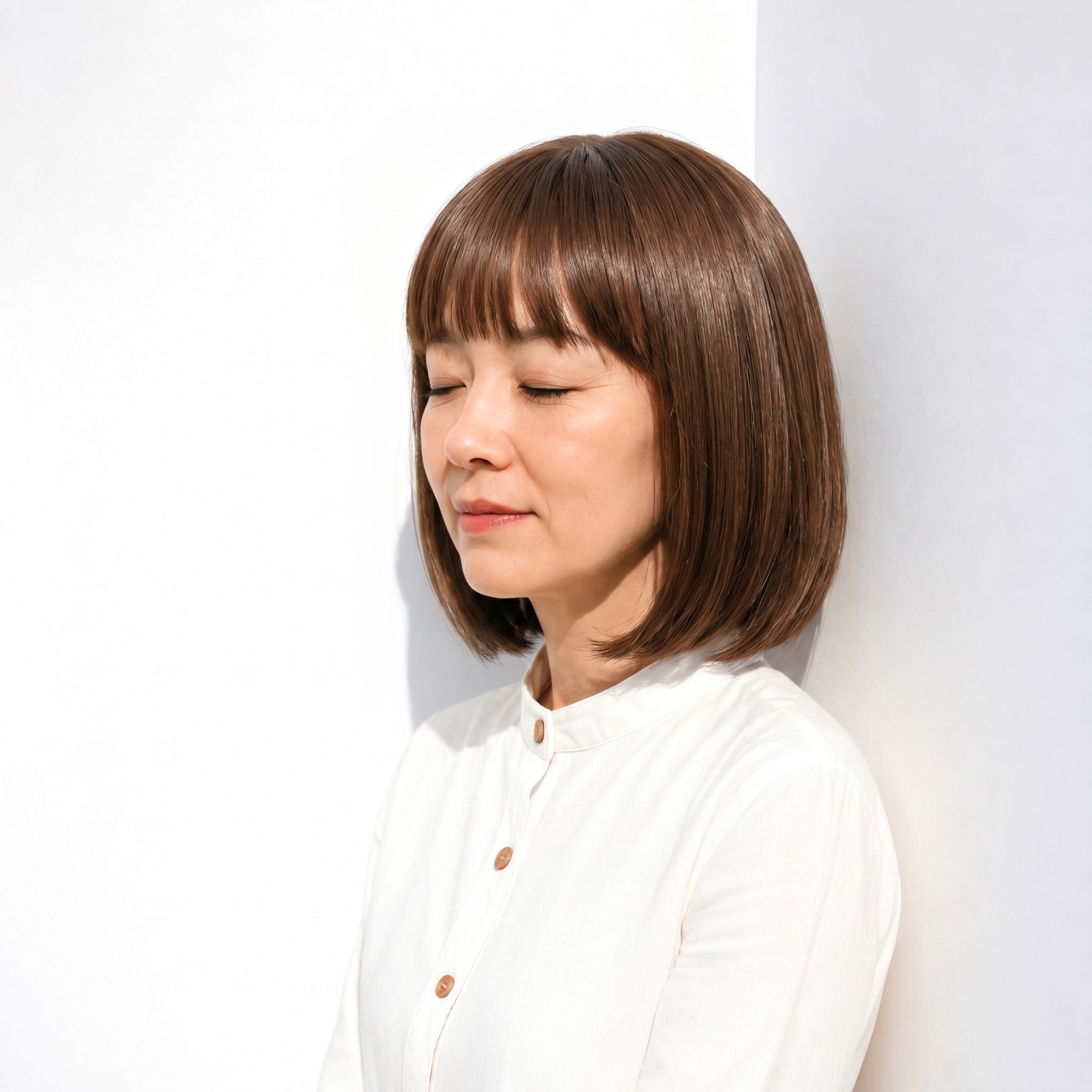 10. 前上がりミディアムボブ：控えめレイヤーで扱いやすい