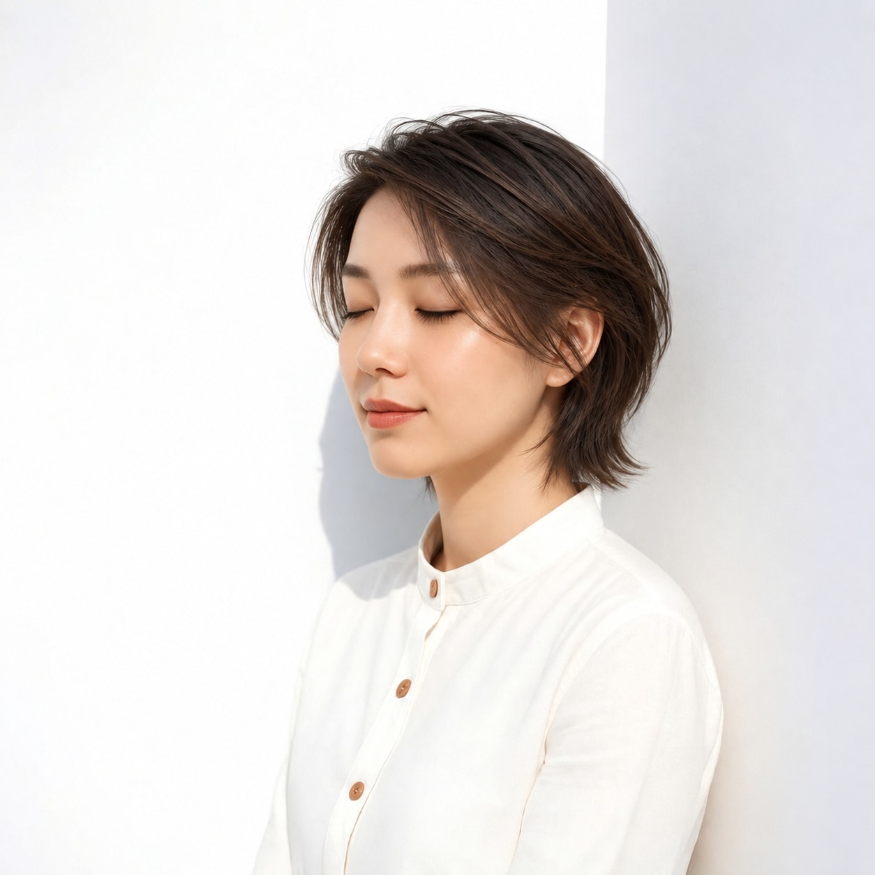 暗めブラウン系のウルフボブ。丸いサイドと短い襟足