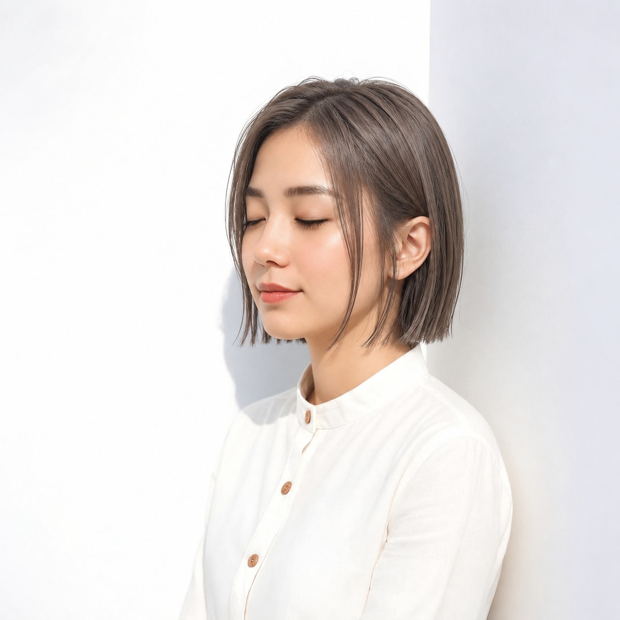10. 前髪なしボブ × グレージュ：すっきりした顔まわりに柔らかさを