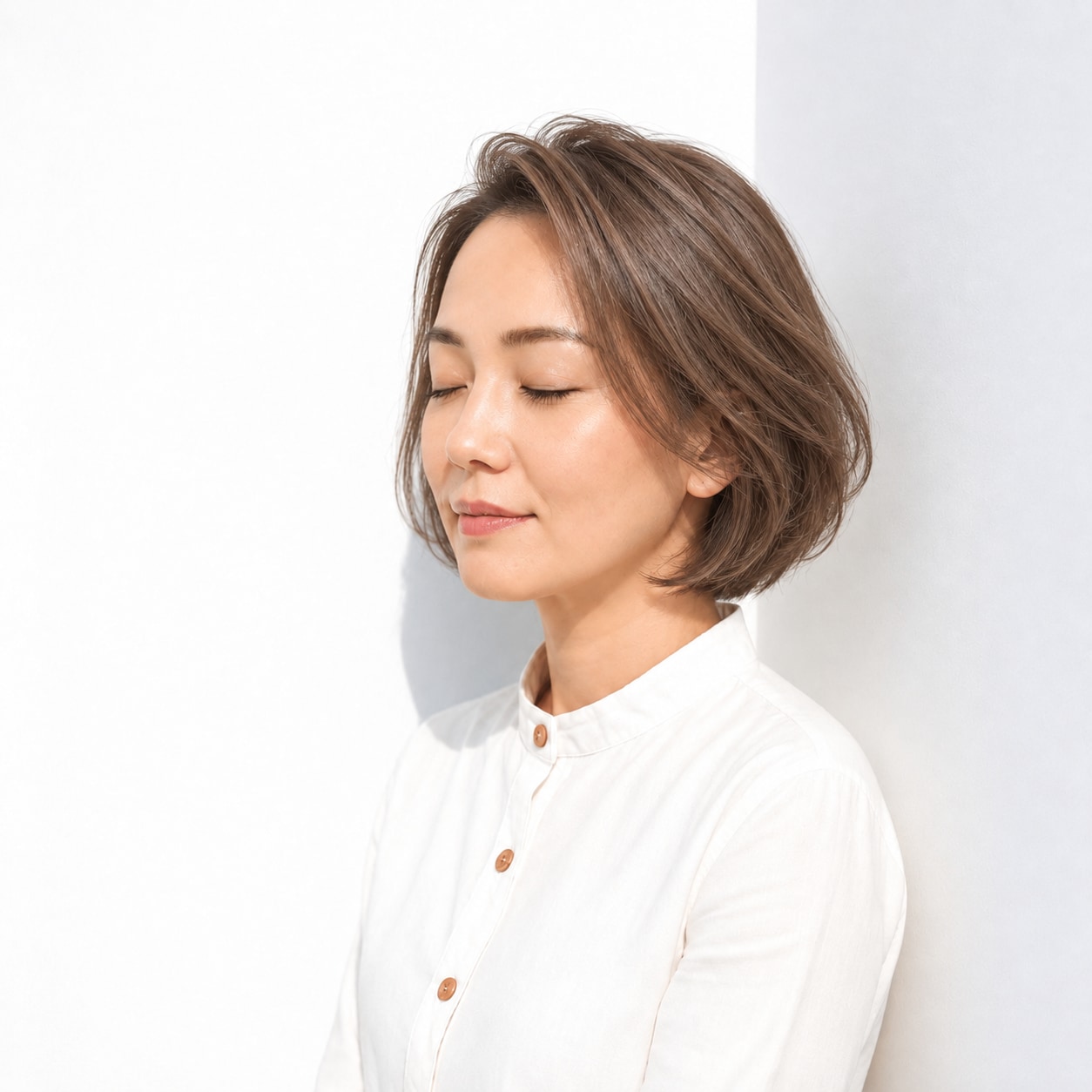 やや明るいブラウンで前髪の根元が立ち上がる丸みボブ