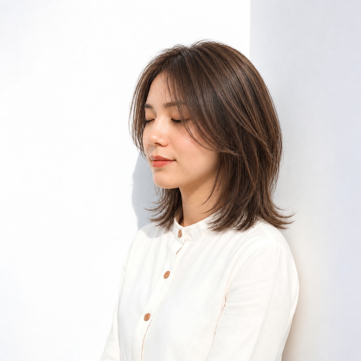 10. 前髪なしミディアム × 外ハネ：長い毛束で大人らしく調整