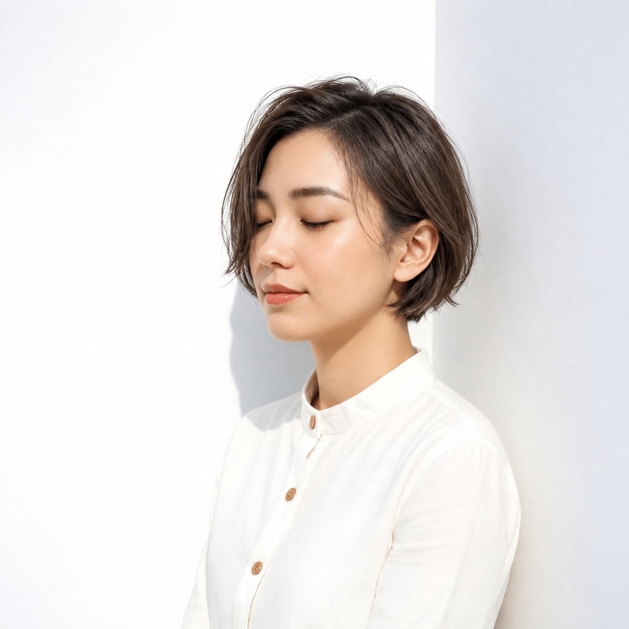 10. 前髪なしミニボブ × 重めシルエット：毛先が散らず、落ち着いた丸みを保てます