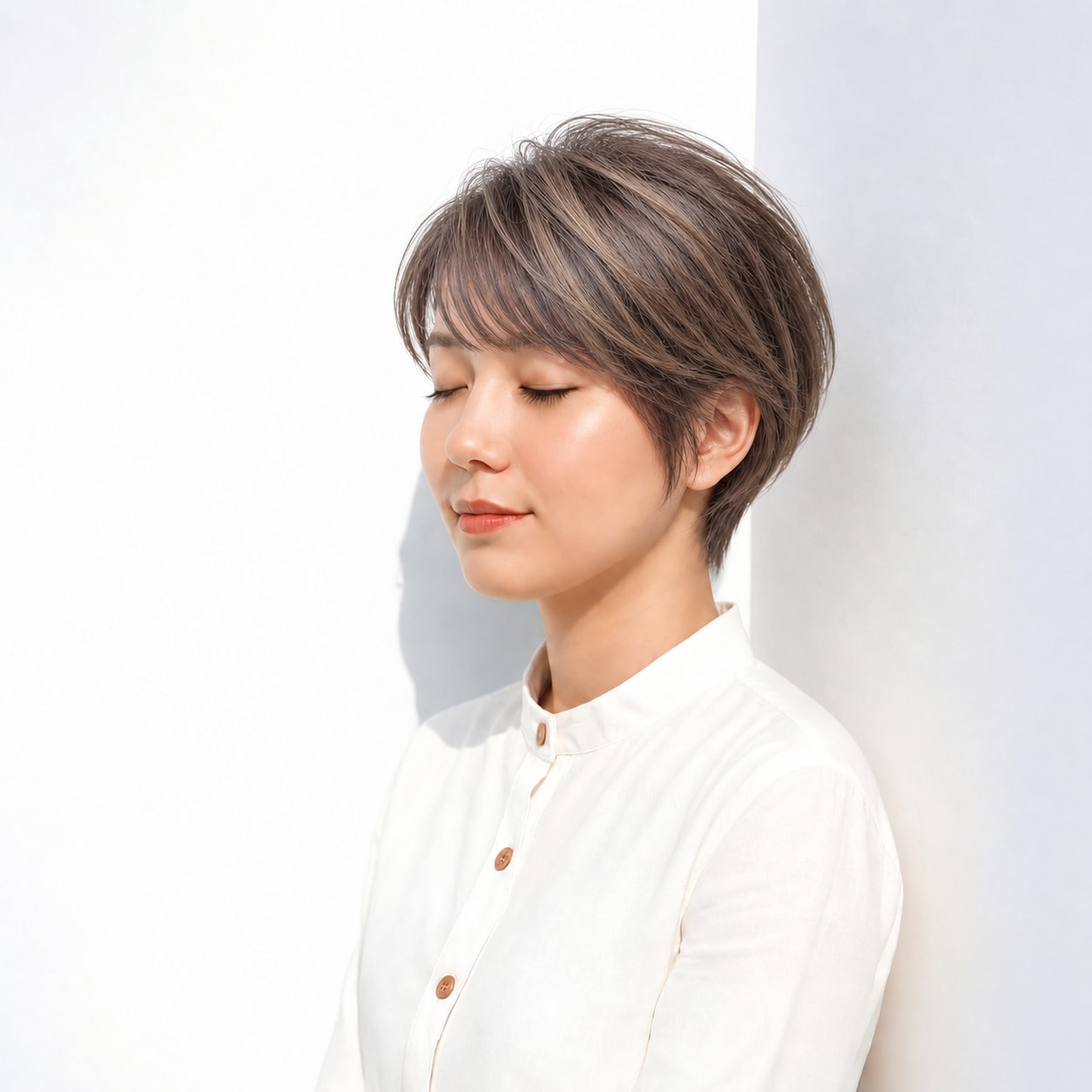 10. 流し前髪ショート × グレーブラウン：斜めの毛流れで端正に