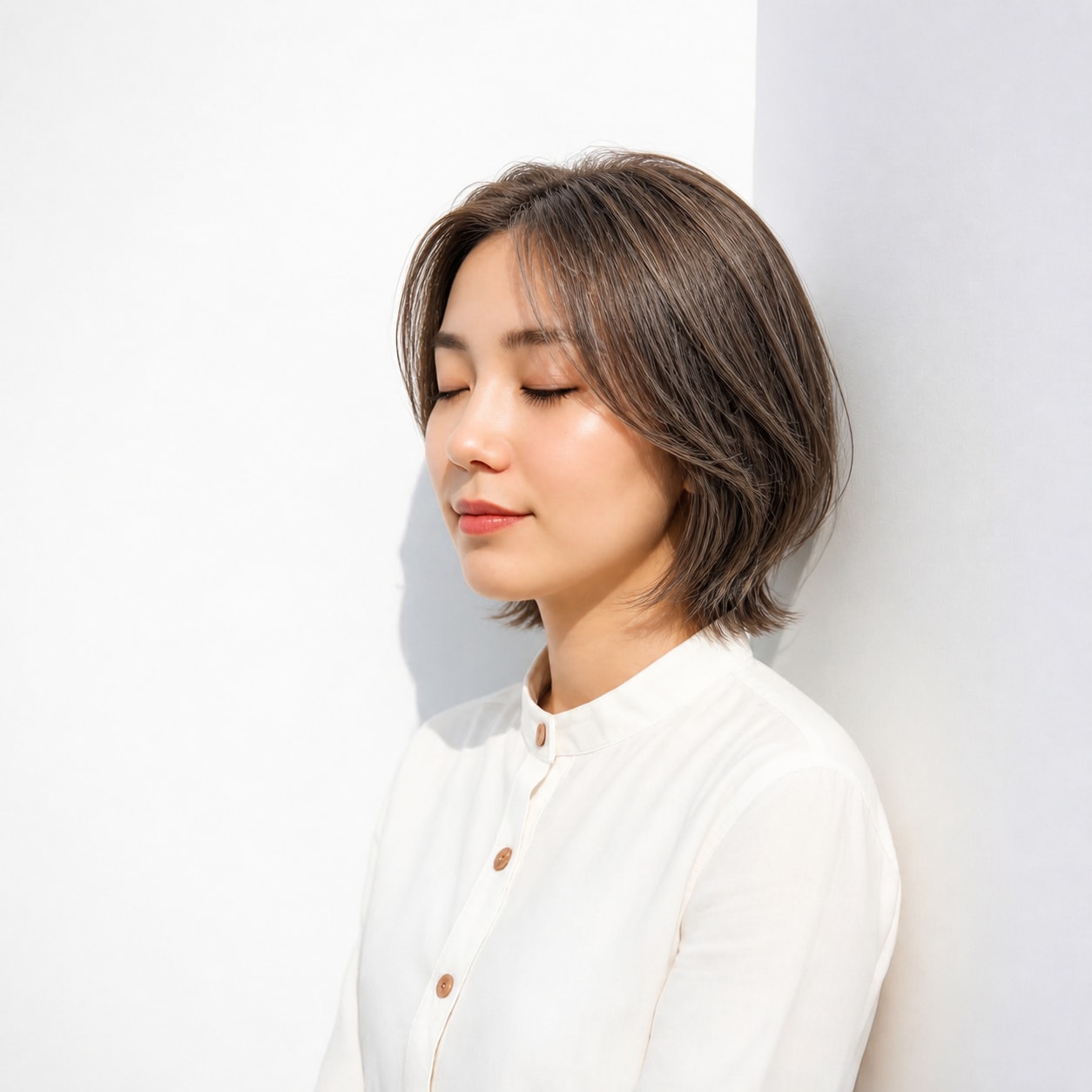 10. 白髪ぼかしハイライト × ひし形ショートボブ：表面の細いラインで丸みがきれいに出る