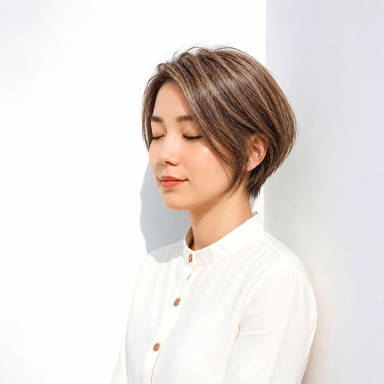 6. 耳かけショートボブ × 赤みブラウン：耳かけで温かい髪色もすっきり引き締まる