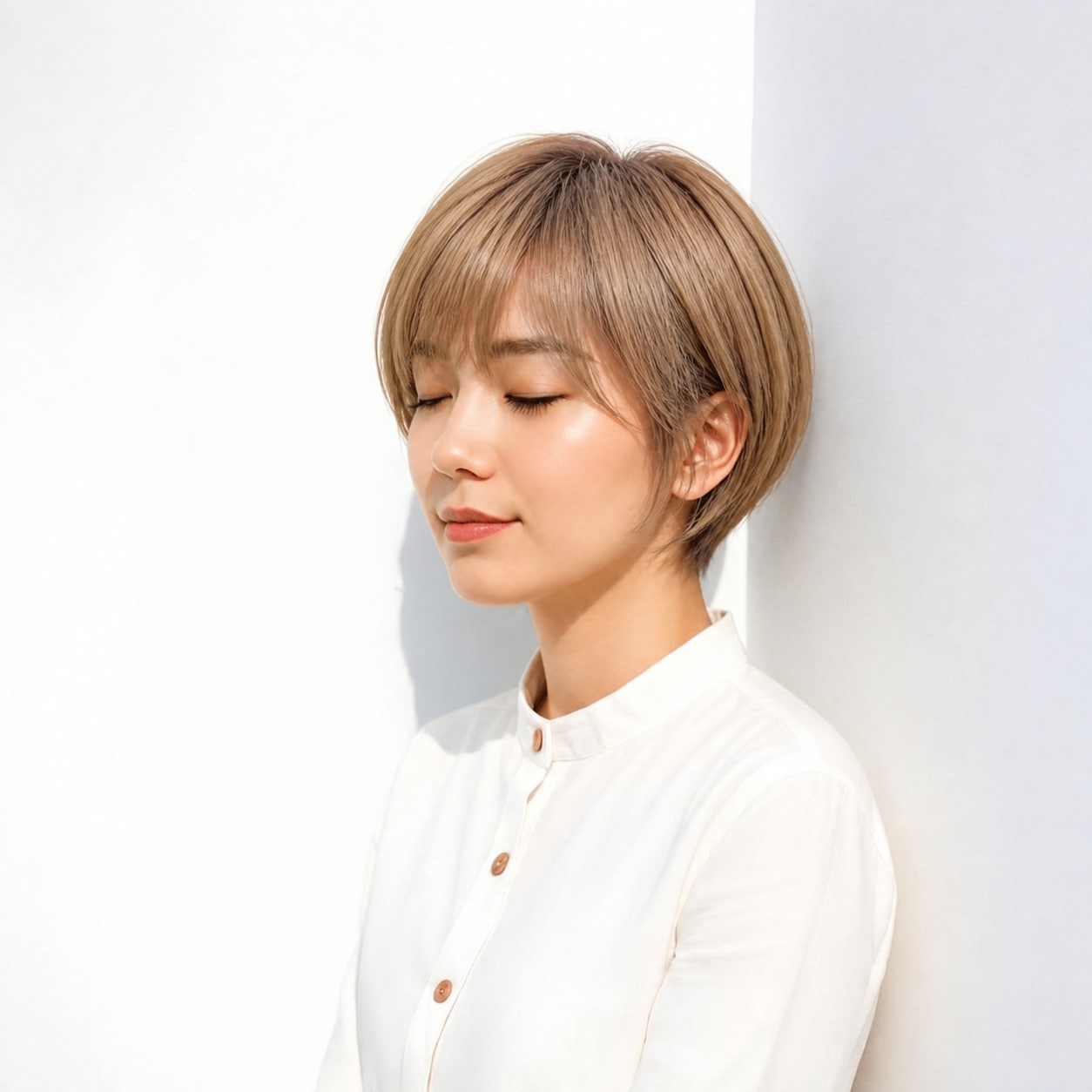 10. 面長ボブ × 前髪あり × ベージュ丸みショート：やわらかく見せる
